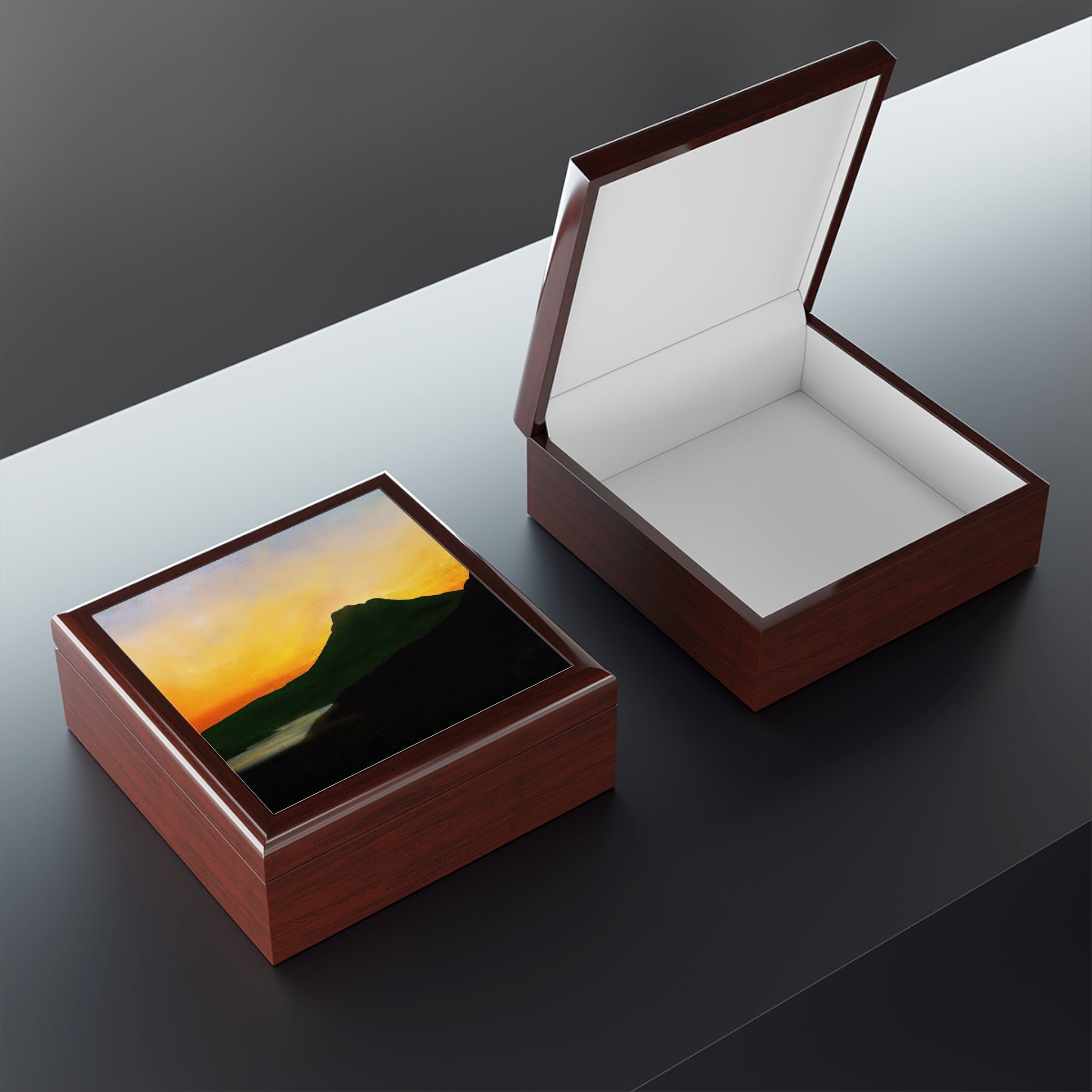 Stac Pollaidh Dusk jewellery box with sunset over green hills