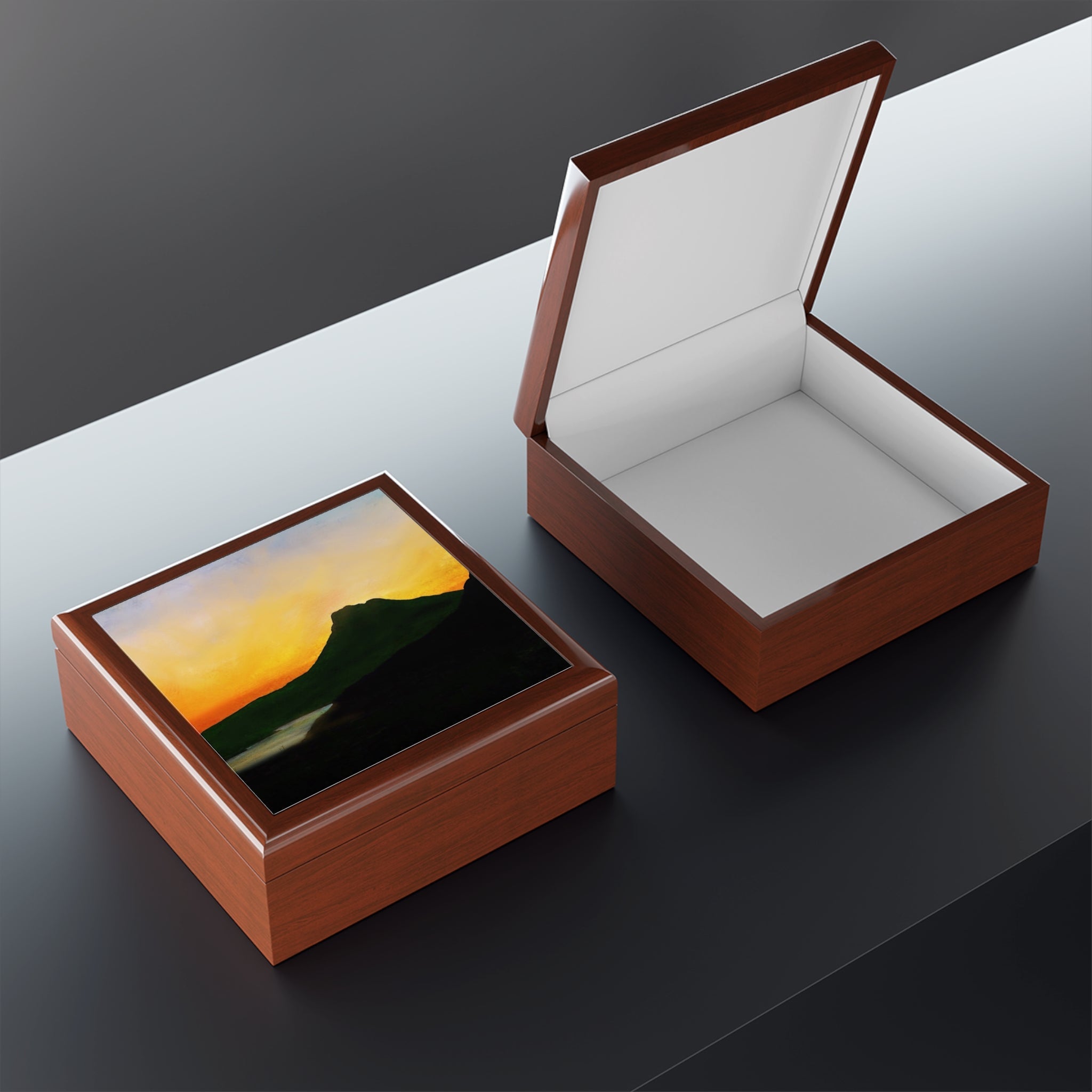 Stac Pollaidh Dusk jewellery box with sunset over Scottish hills