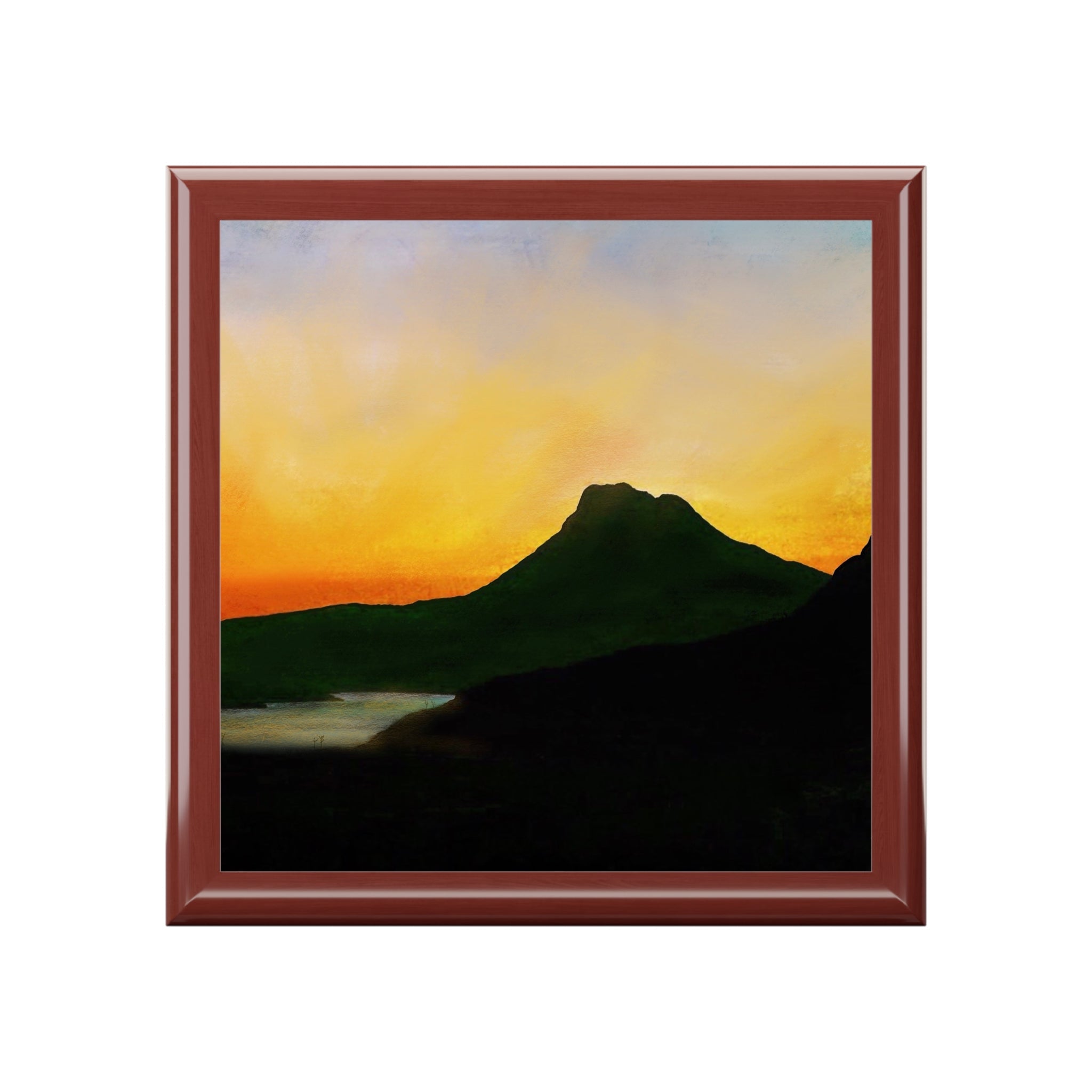 Stac Pollaidh Dusk square ceramic tile with reddish-brown frame and sunset mountain landscape