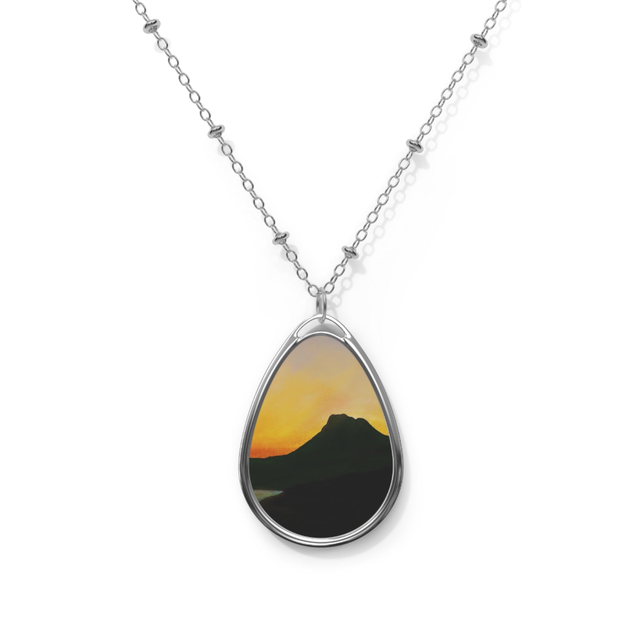 Stac Pollaidh Dusk silver teardrop necklace with sunset mountain print