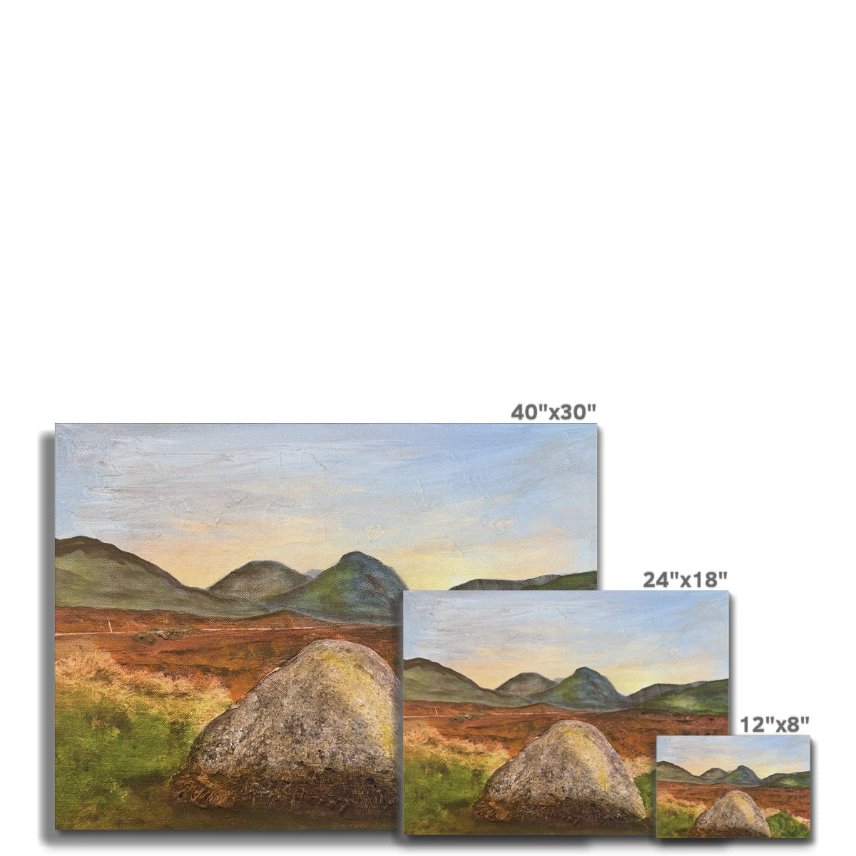 Standing still in Glencoe canvas print of rustic landscape with rolling green hills and warm sunset hues