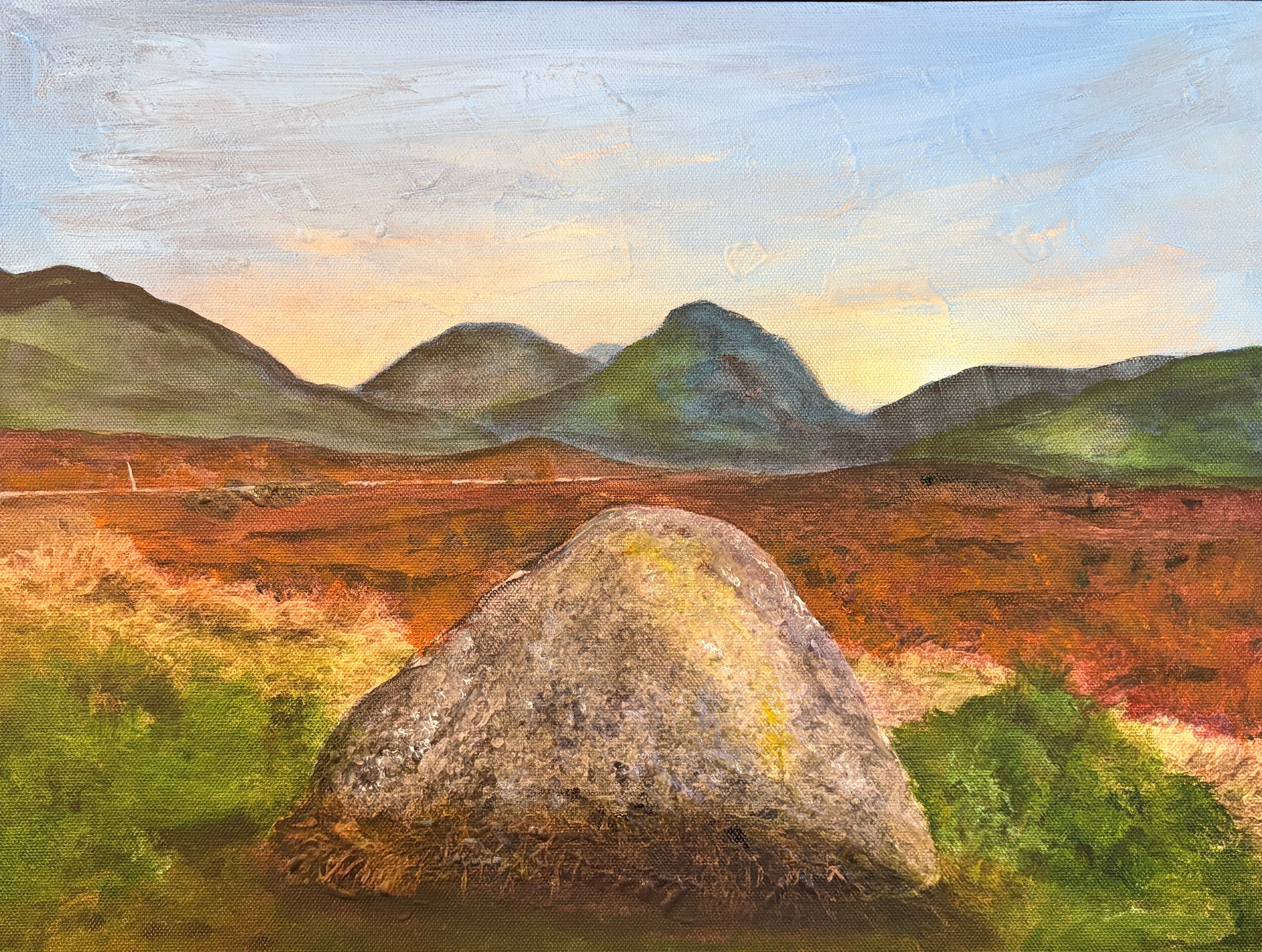 Standing still in Glencoe original Scottish landscape painting of a textured grayish-brown boulder on rolling hills