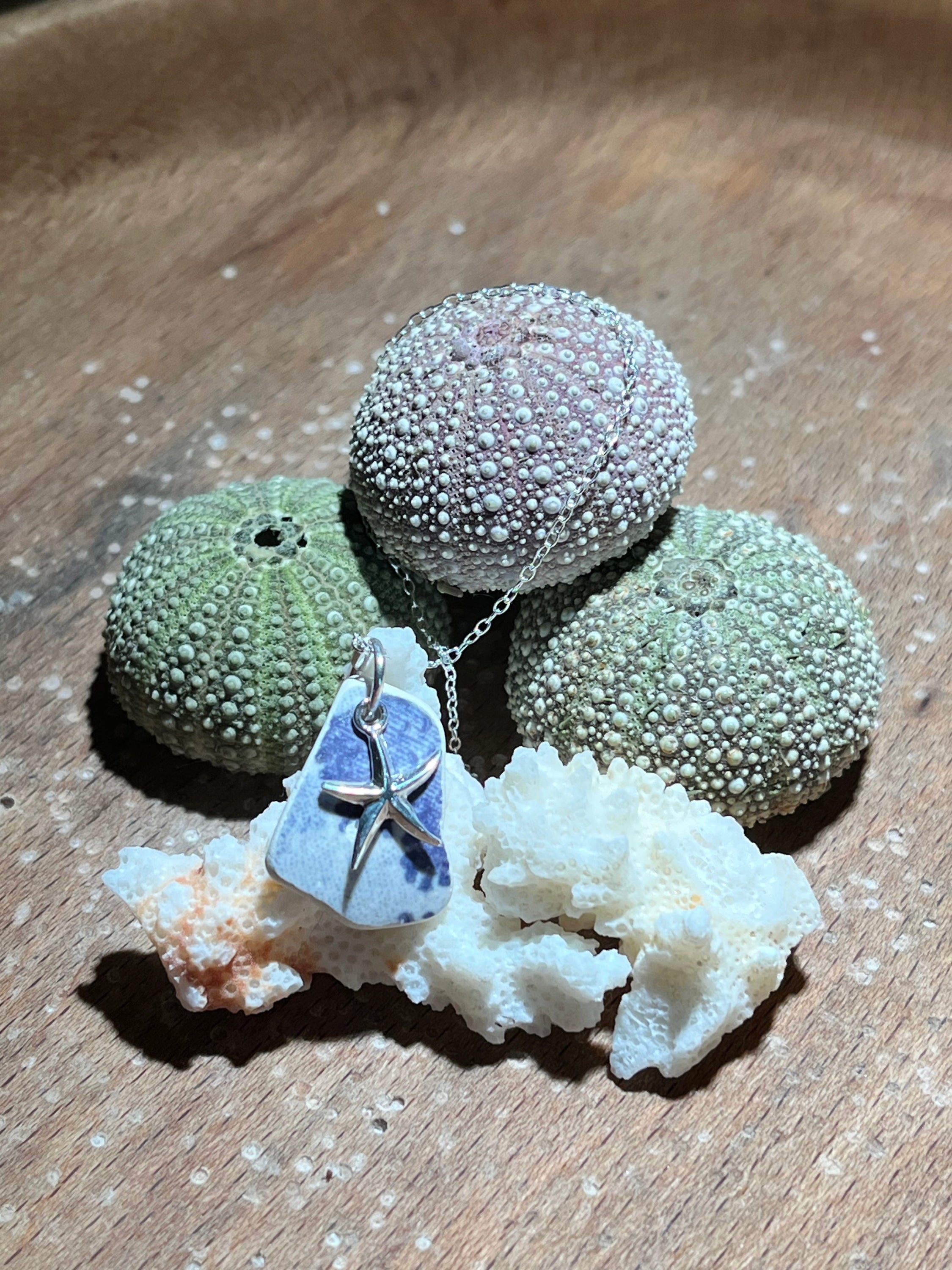 Sea-themed necklace with starfish charm on purple-blue sea glass pendant for Starfish 925 pendants