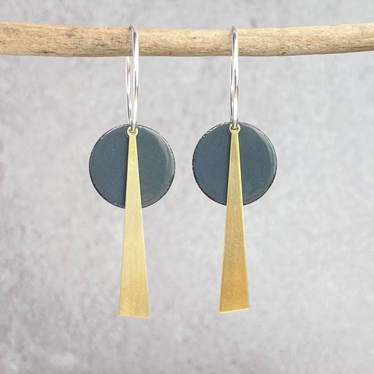 Steel grey geometric earrings with teal disc and gold triangle by Lindsay Mcdowall Jewellery