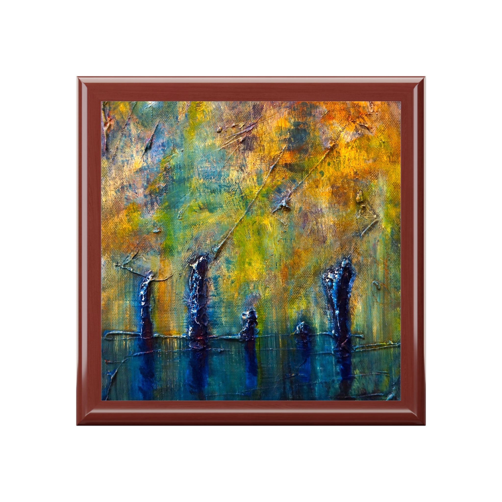 Square abstract painting with textured yellow, green, and blue brushstrokes in Stenness Moonlight Art Jewellery Box Scotland