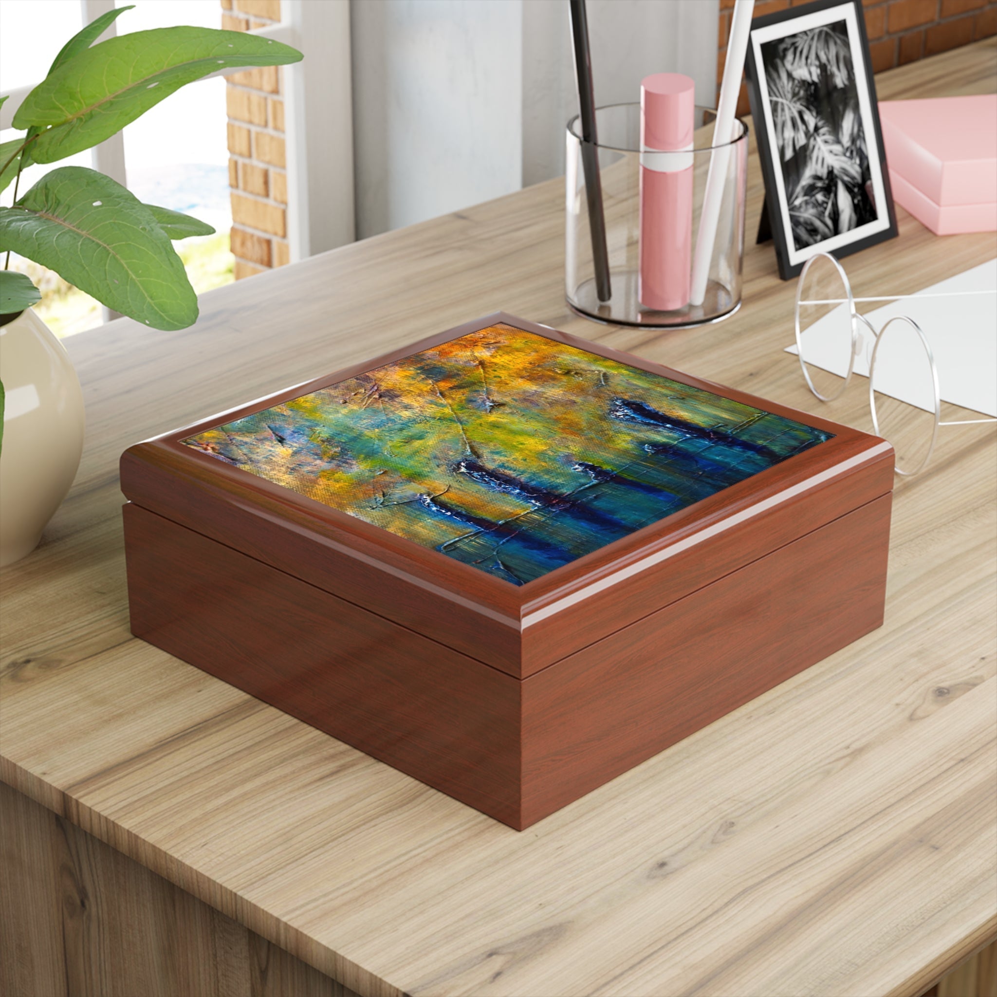 Rectangular wooden keepsake box with vibrant abstract painting on lid, Stenness Moonlight Scotland