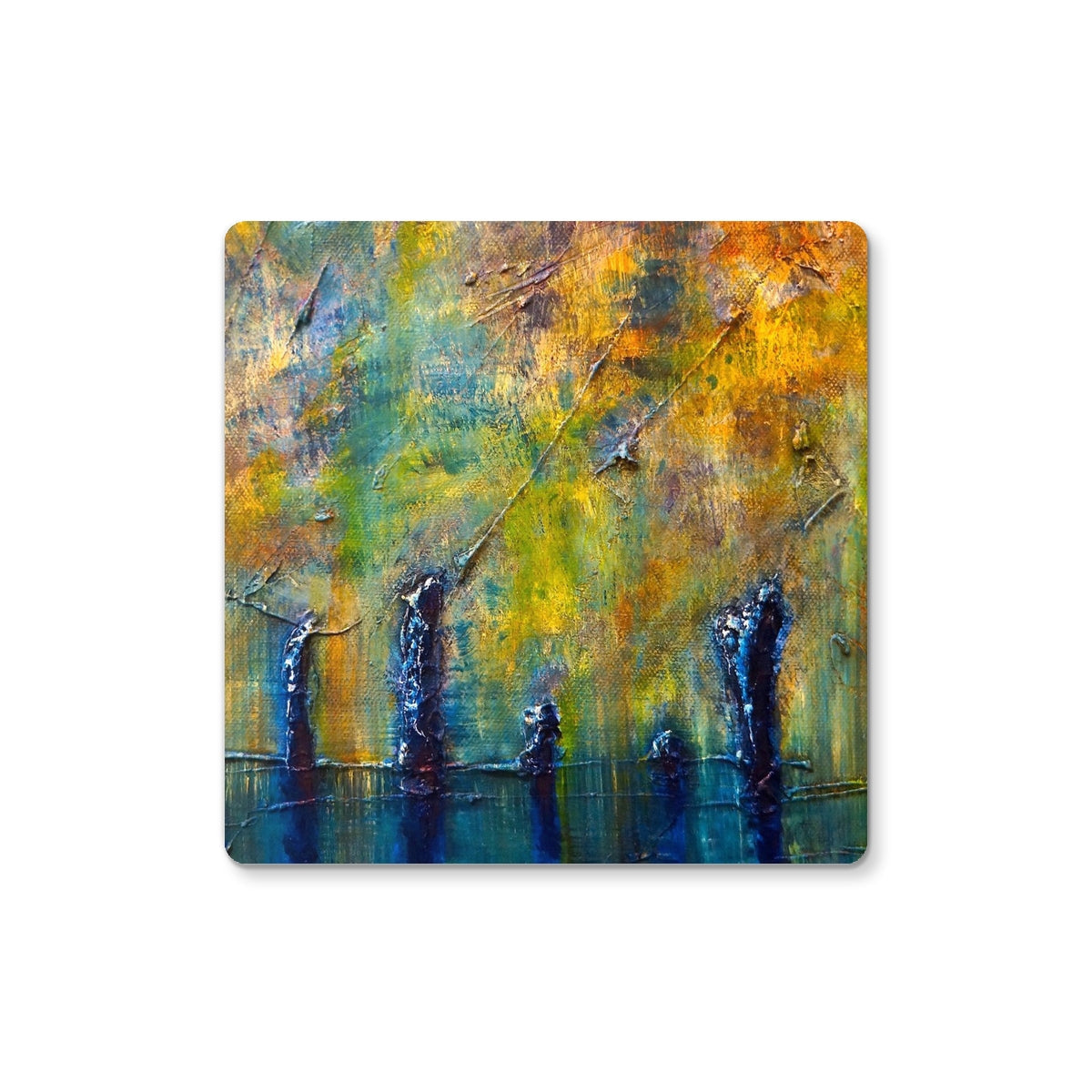 Stenness Moonlight Coaster: Yellow and green abstract trees on blue background