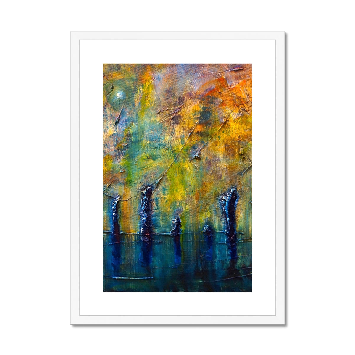 Stenness Moonlight abstract art print with orange blue hues textured brushstrokes