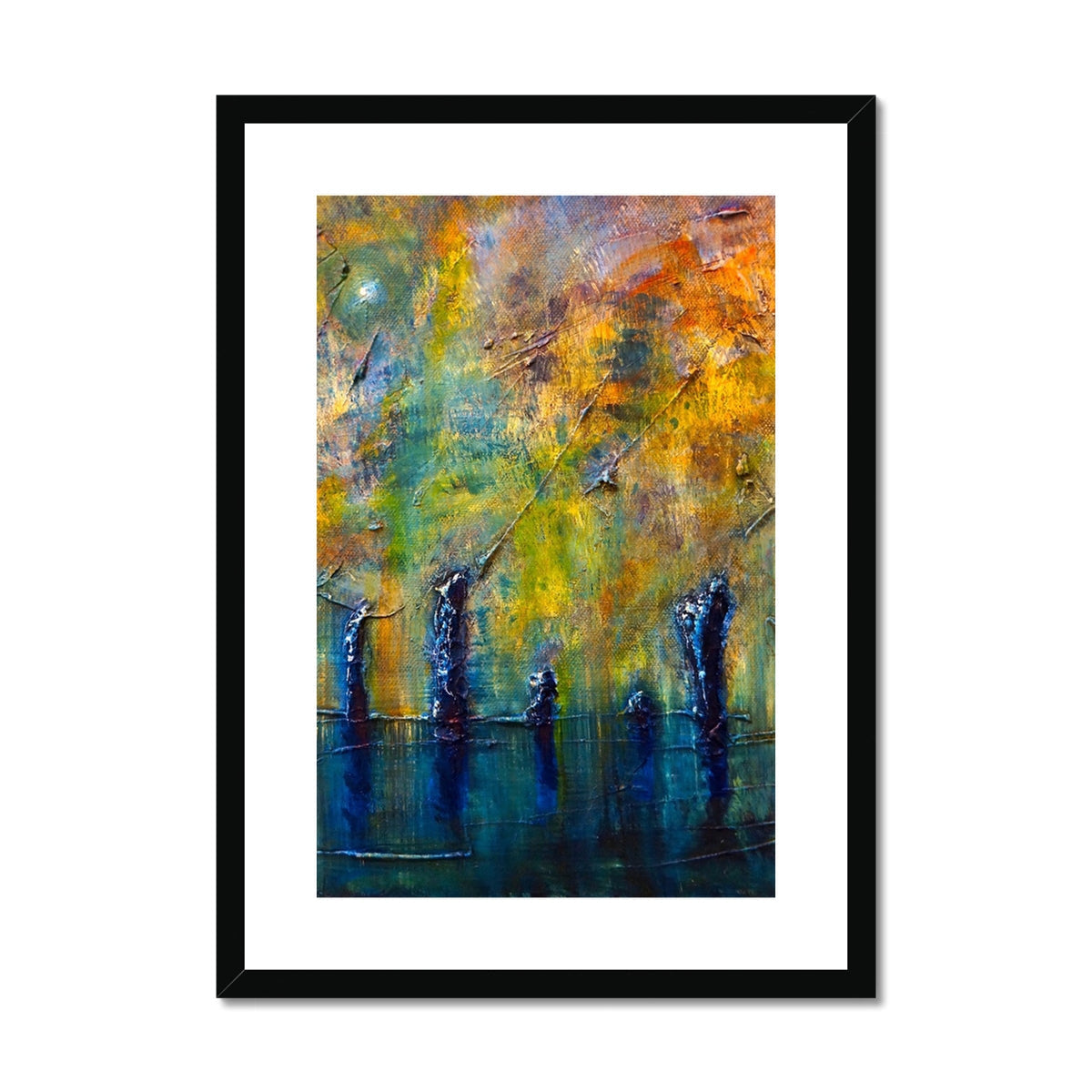Stenness Moonlight abstract art print in black frame with orange blue hues