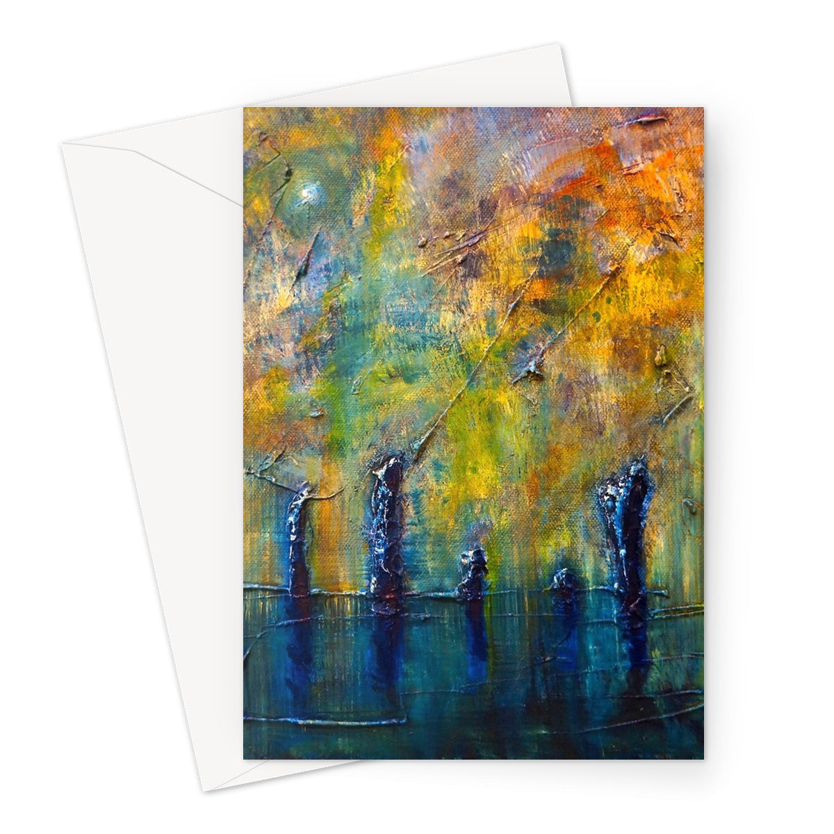 Vibrant silhouetted trees in autumnal yellows and oranges on Stenness Moonlight card