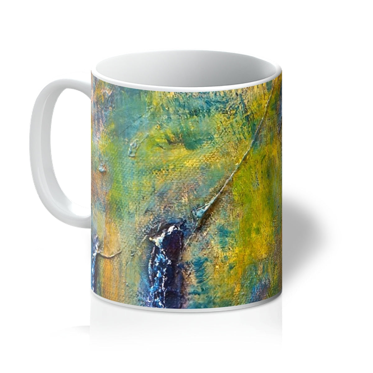 Stenness Moonlight Mug with vibrant green, blue, yellow abstract design