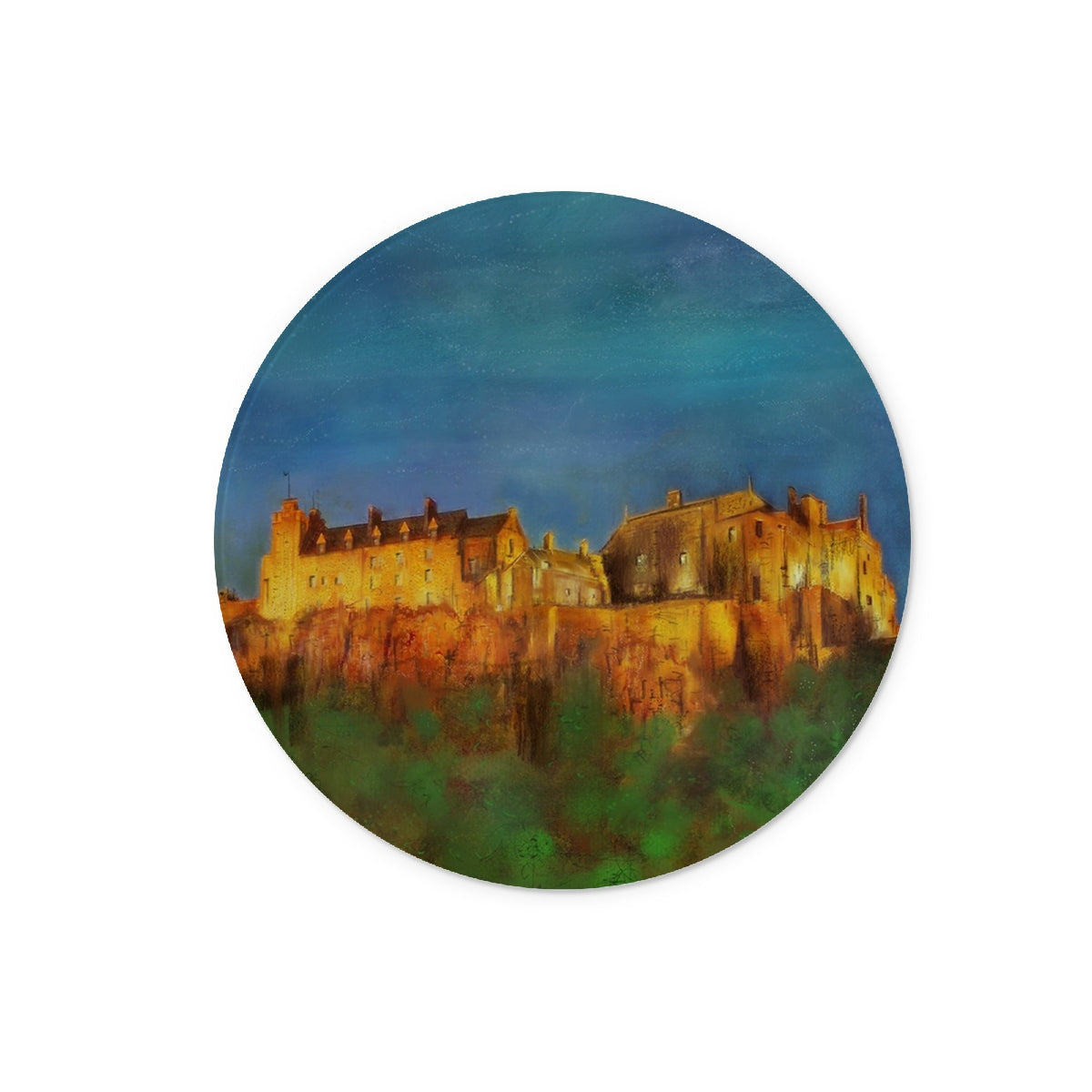 Circular painting of Stirling Castle on a cliff illuminated at dusk on a glass chopping board