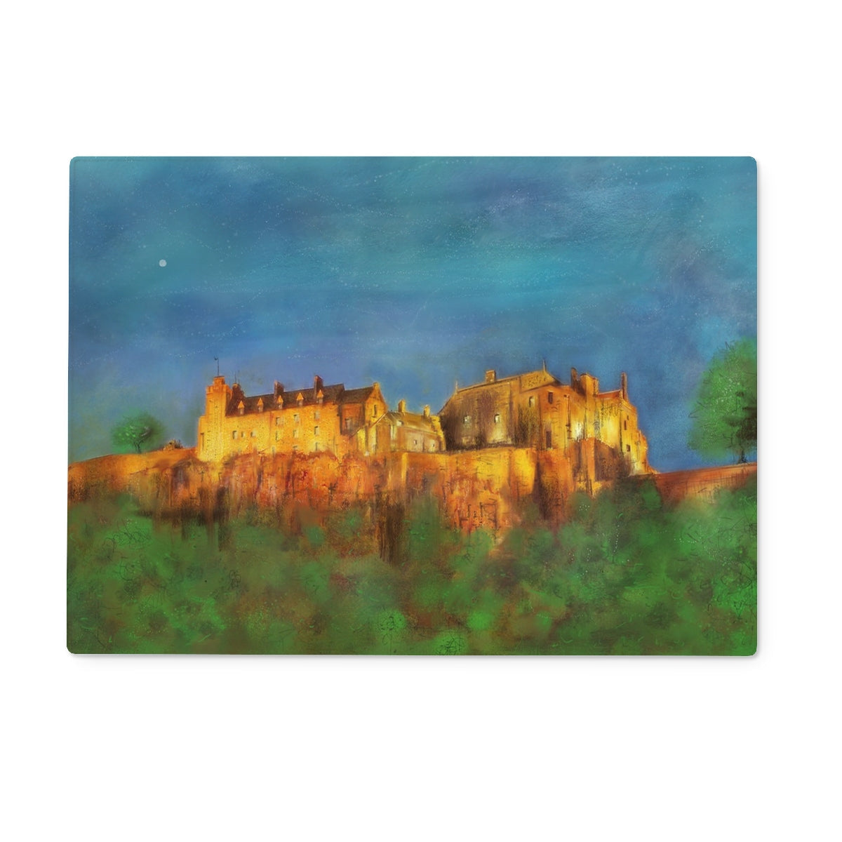 Stirling Castle Glass Chopping Board with vibrant painterly hilltop castle twilight scene