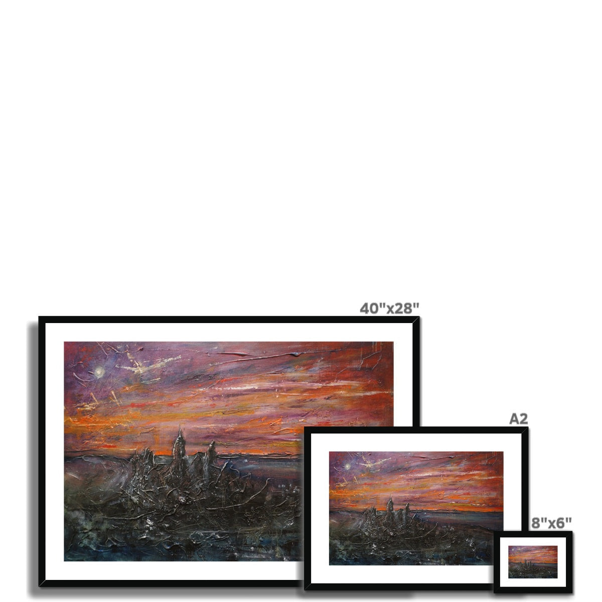Storr Moonlight Skye framed abstract landscape print with bold orange, purple, red brushstrokes on dark silhouettes