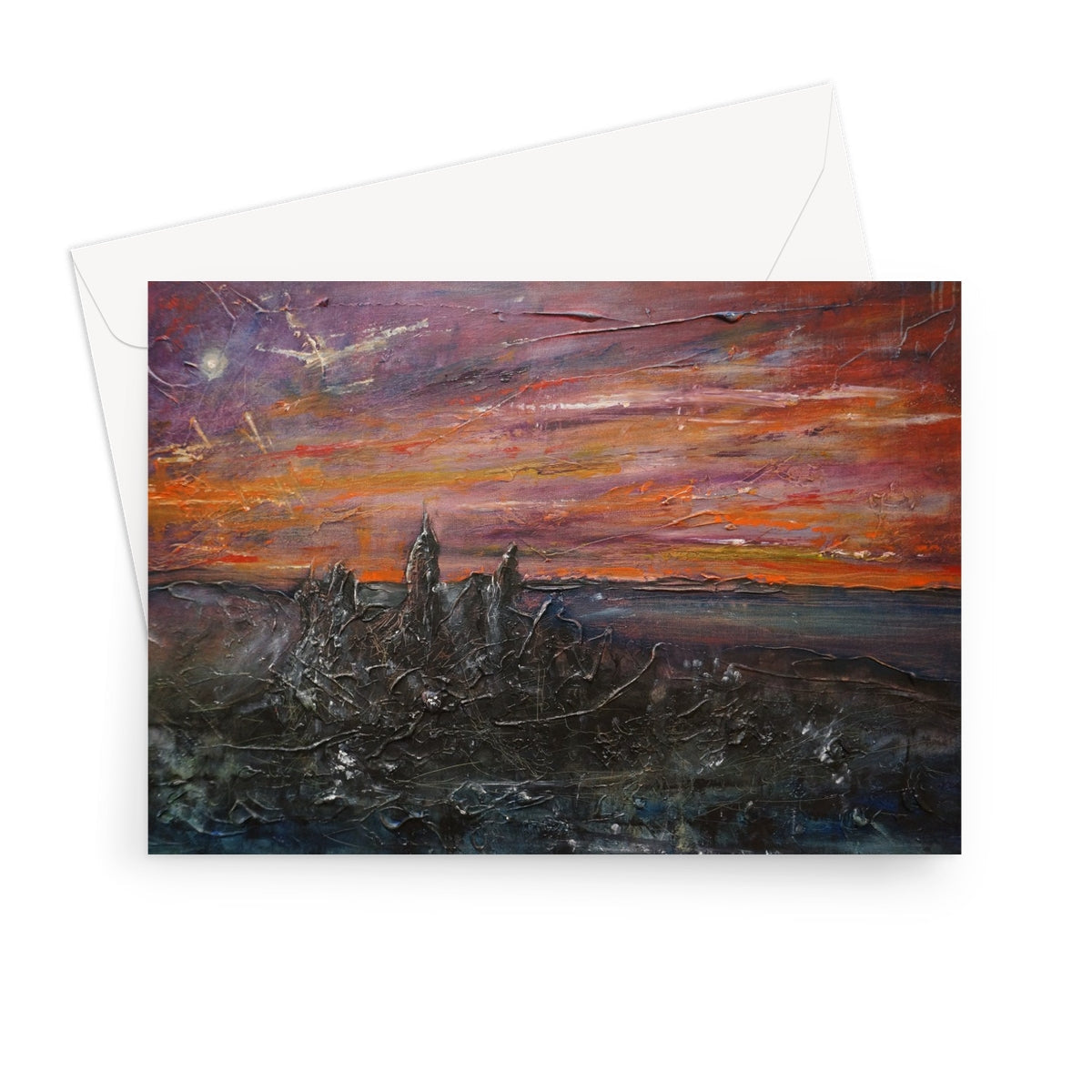 Storr Moonlight Skye greeting card with sunset city skyline art