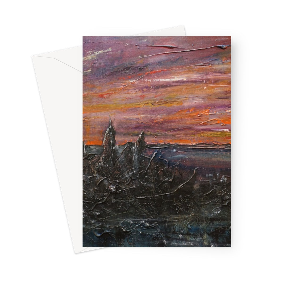 Storr Moonlight Skye greeting card with purple-orange sky over rugged terrain