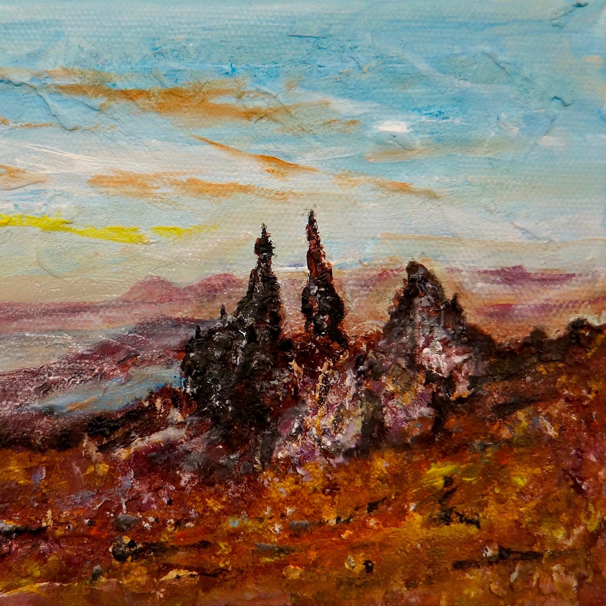 Expressive oil painting of a landscape with cypress trees and hills under a dramatic sky in The Storr Scotland In Your Pocket