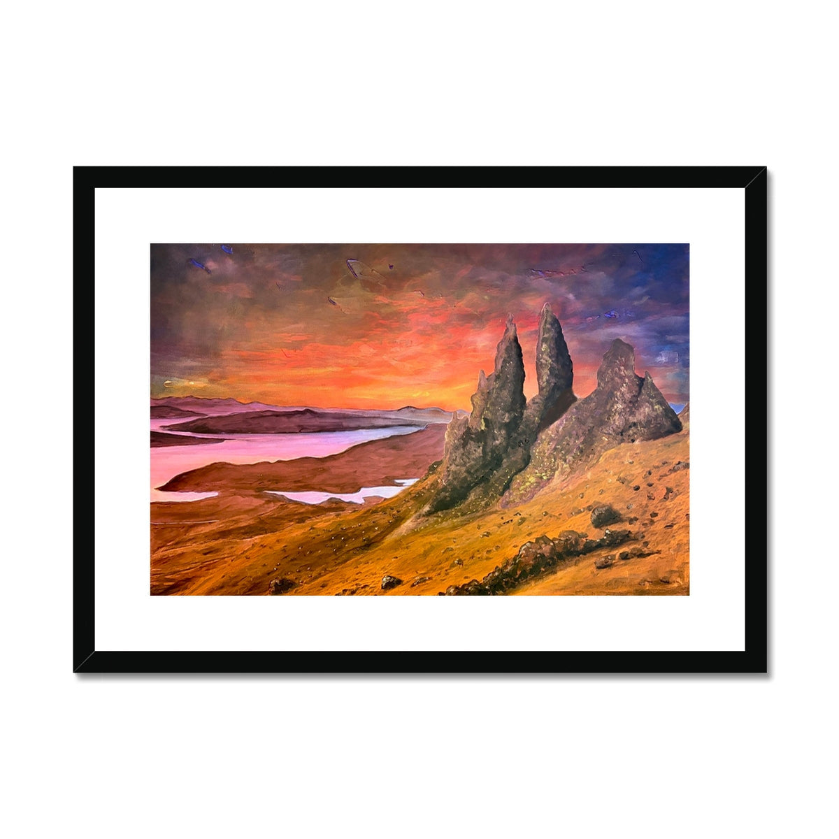 Framed Storr Sunset Skye print of Three Sisters at sunset