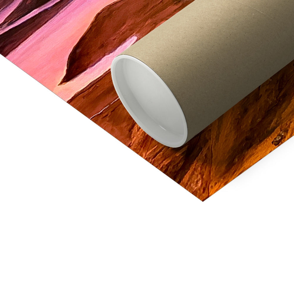 Rolled-up brown cardboard tube beside Storr Sunset Skye Hahnemühle German Etching print