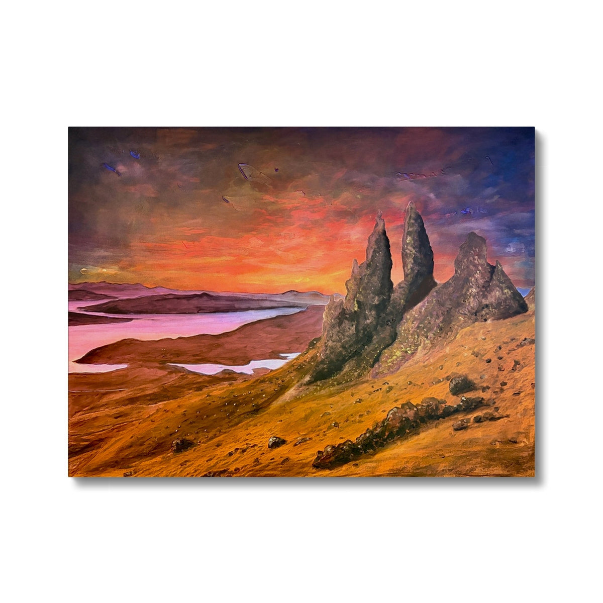 Vibrant oil painting of Old Man of Storr at sunset on Skye canvas