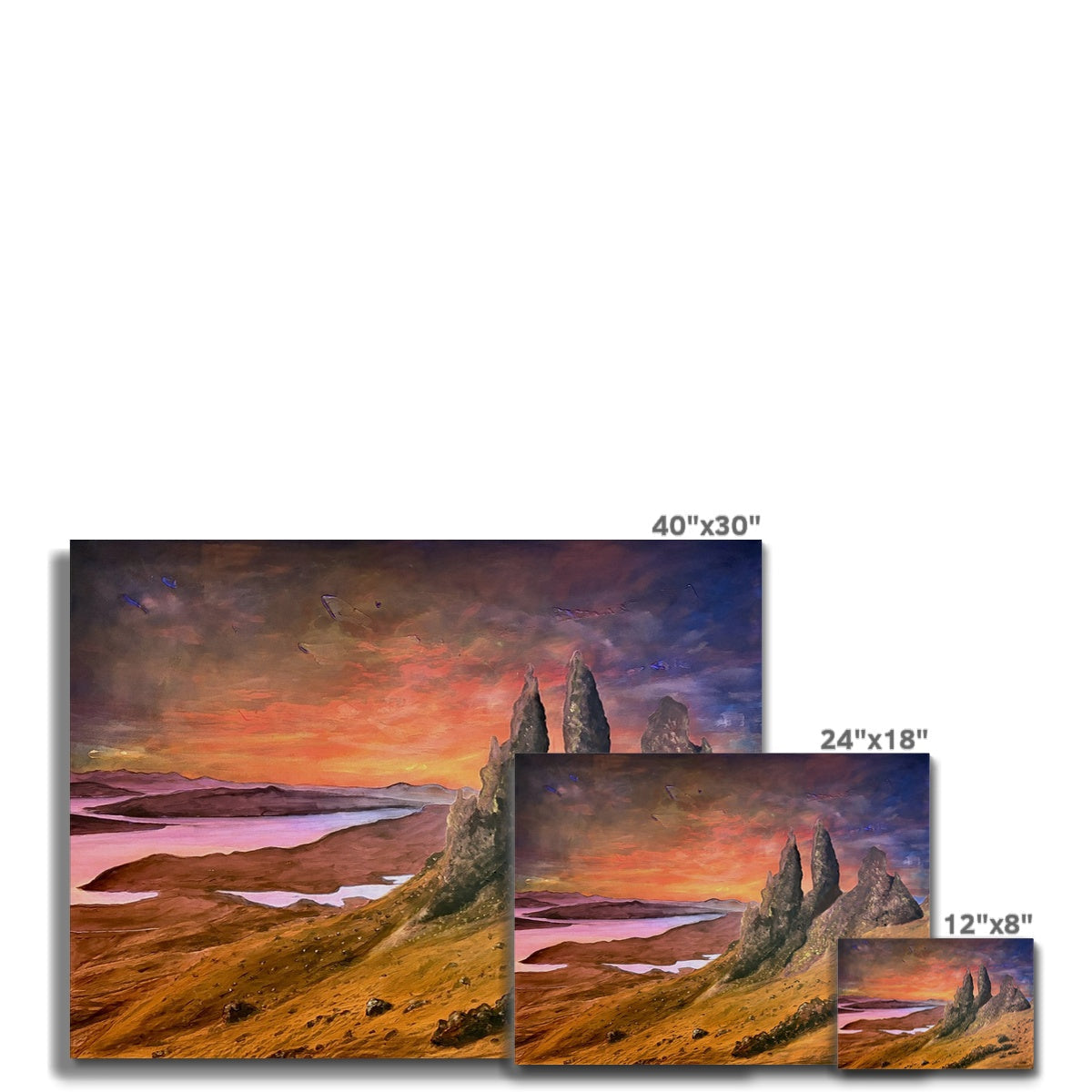 Vibrant oil painting of Storr Sunset Skye over rugged rocks