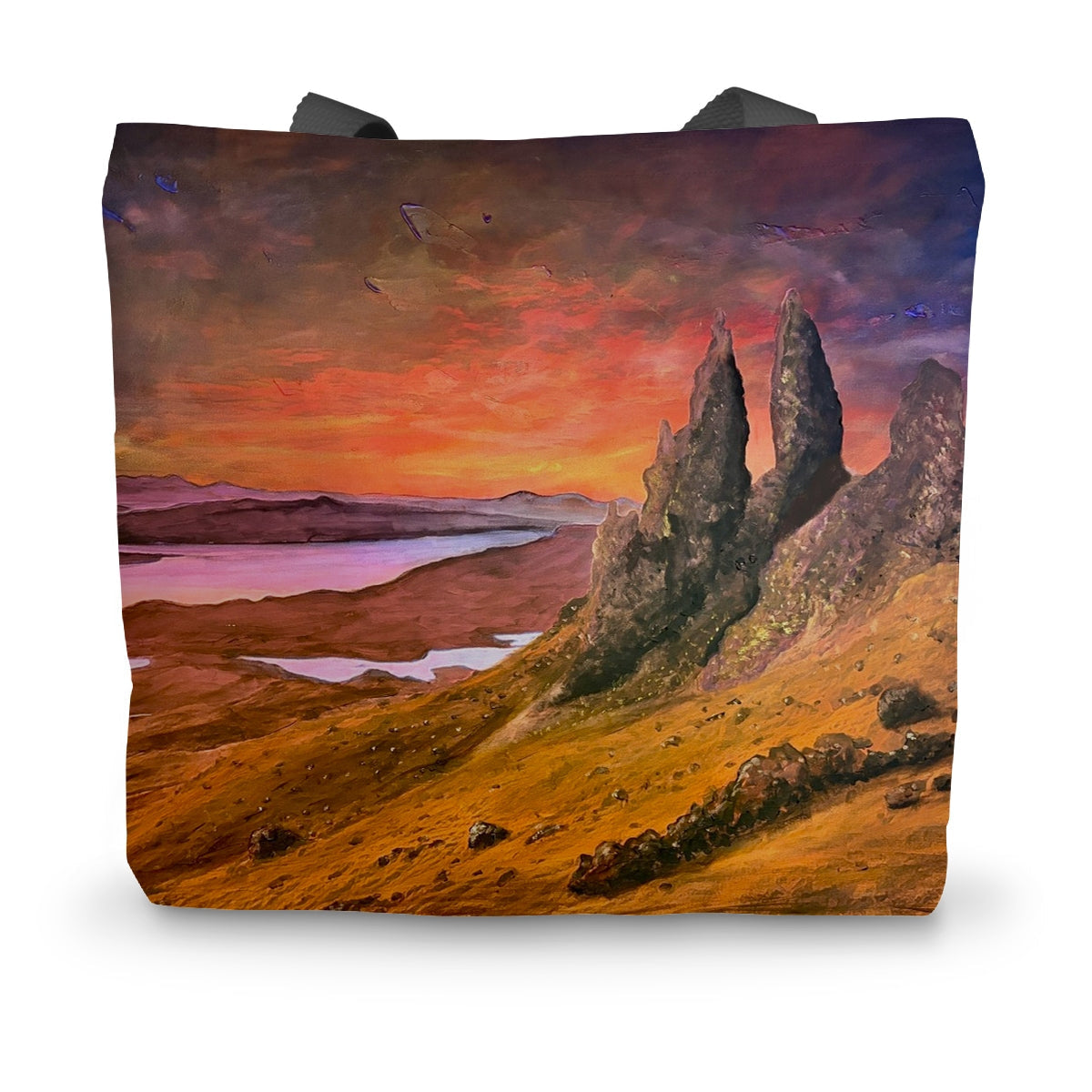 Storr Sunset Skye canvas tote bag with vibrant Old Man of Storr sunset print