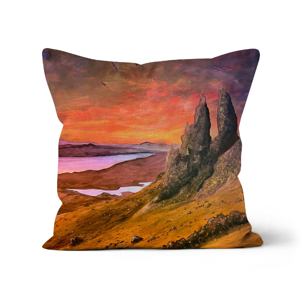 Storr Sunset Skye cushion with vibrant sunset over dark rocks