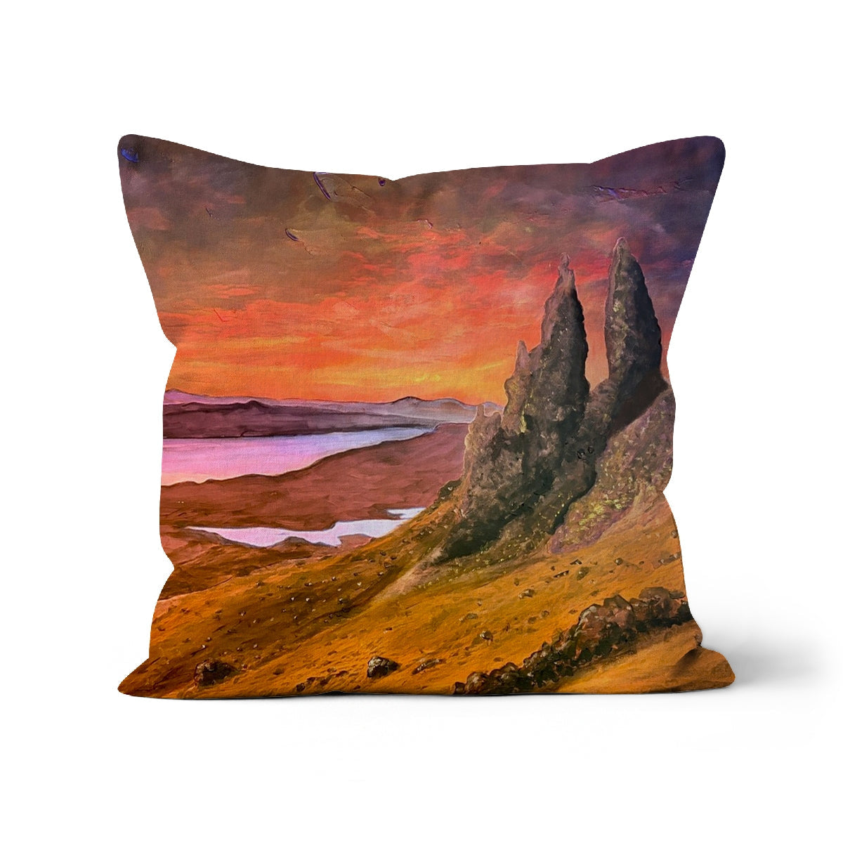 Storr Sunset Skye Cushion: vibrant sunset pillow with orange skies over stones