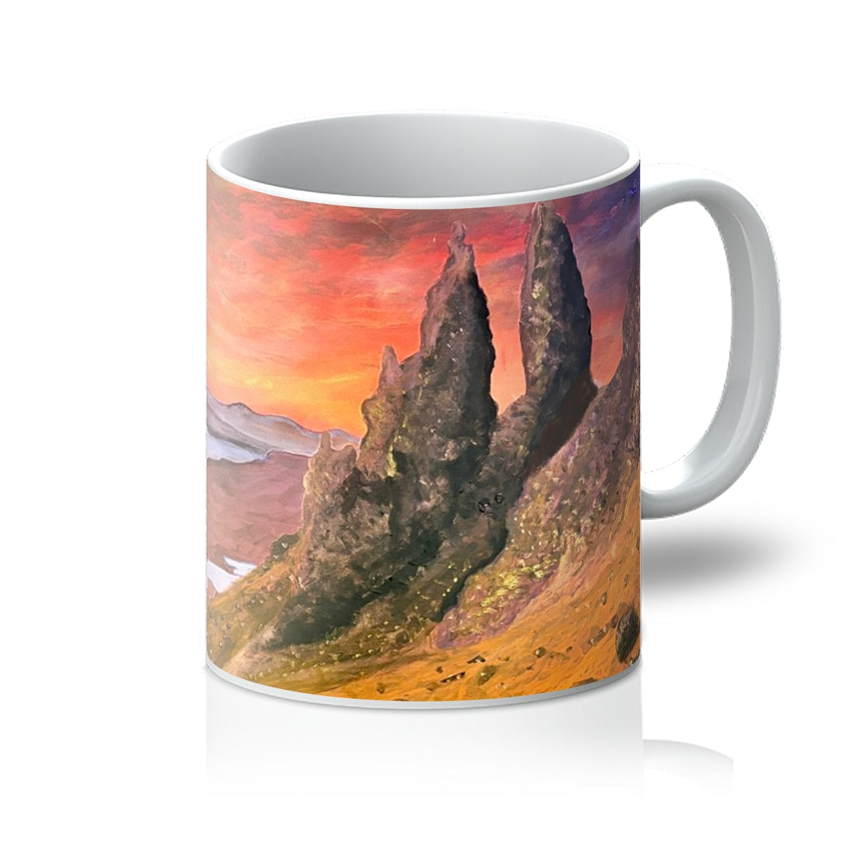 White ceramic Storr Sunset Skye Mug with vivid painted Old Man of Storr at sunset
