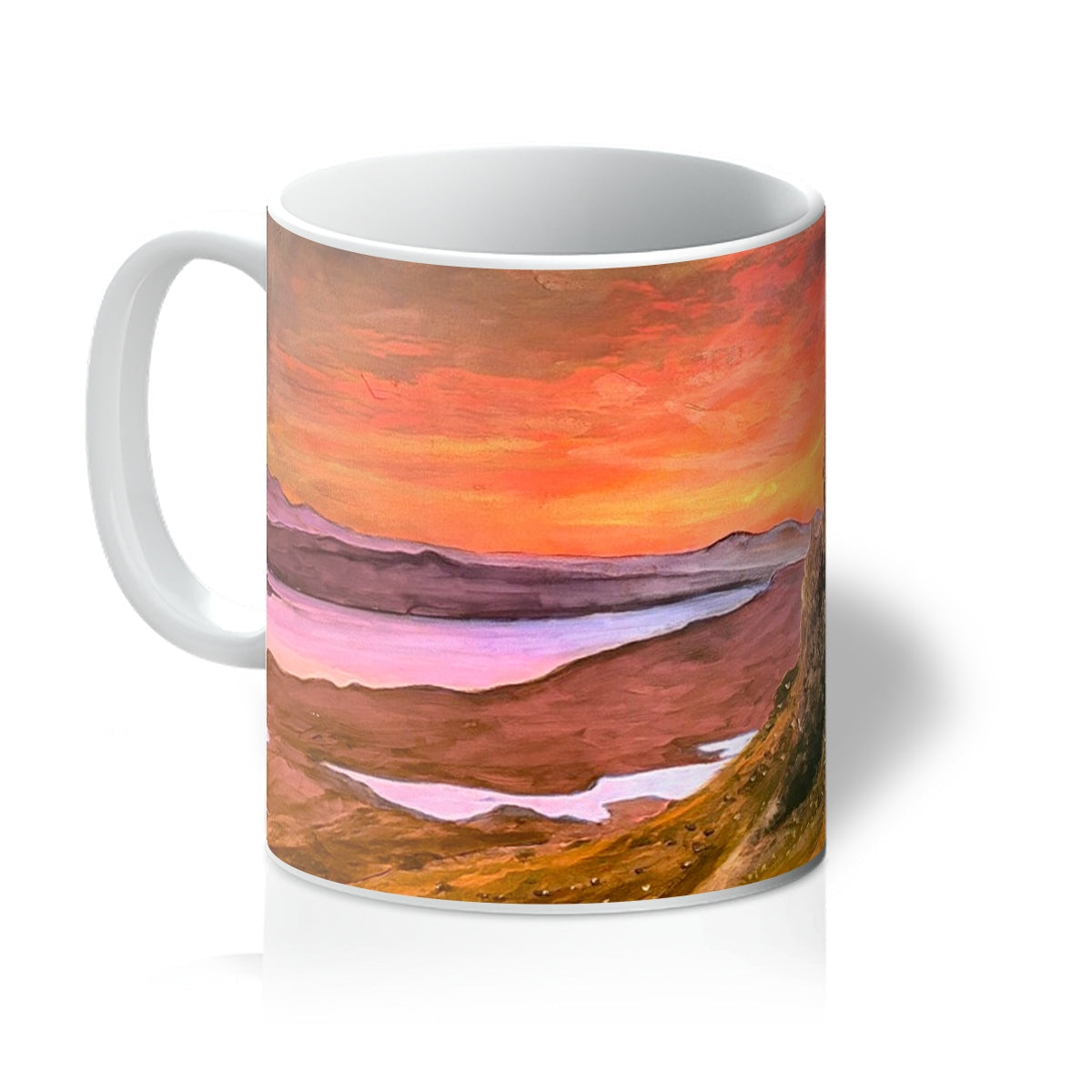 Storr Sunset Skye Mug with vibrant sunset landscape on white ceramic