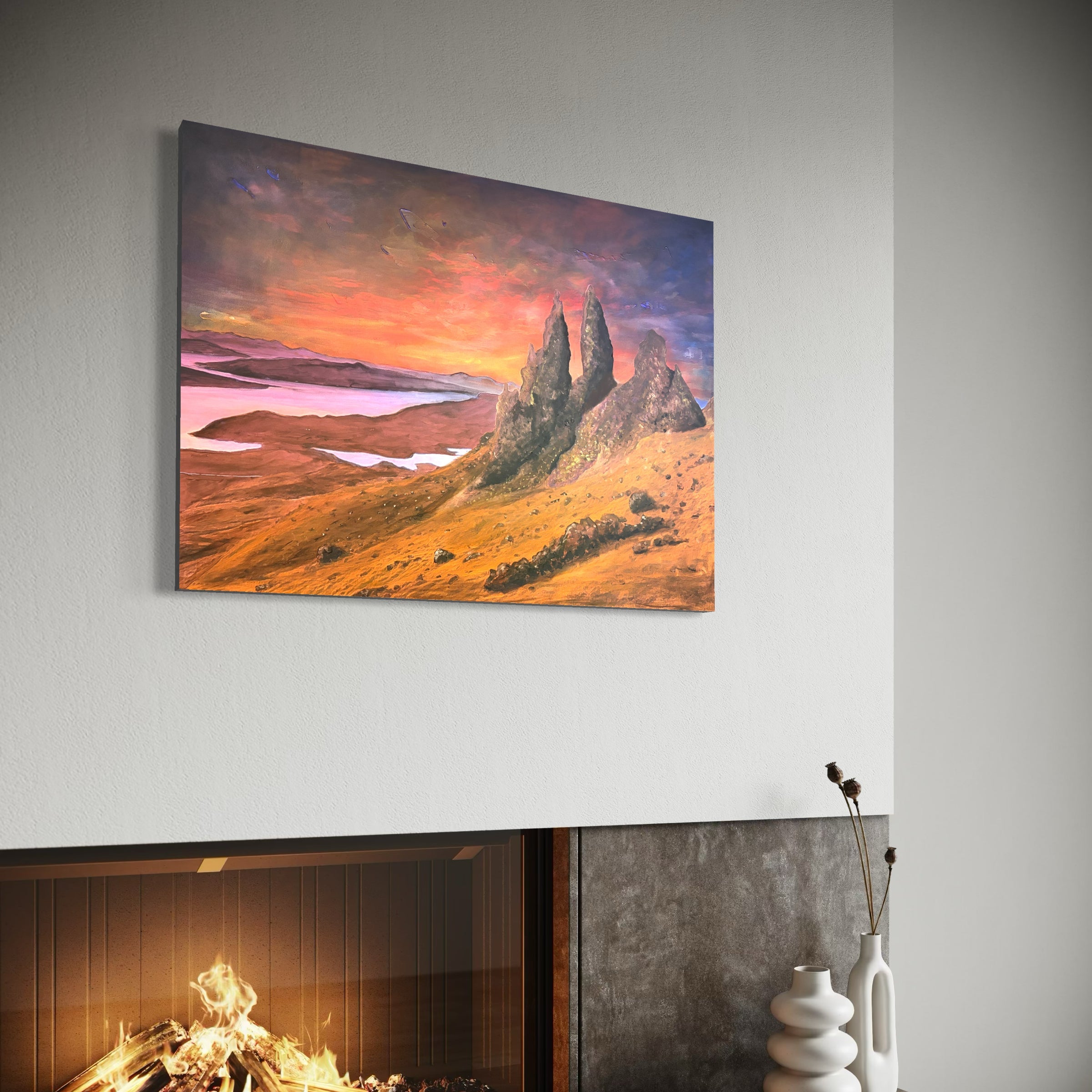 Vibrant Storr Sunset Skye painting of Three Sisters rock formation at sunset