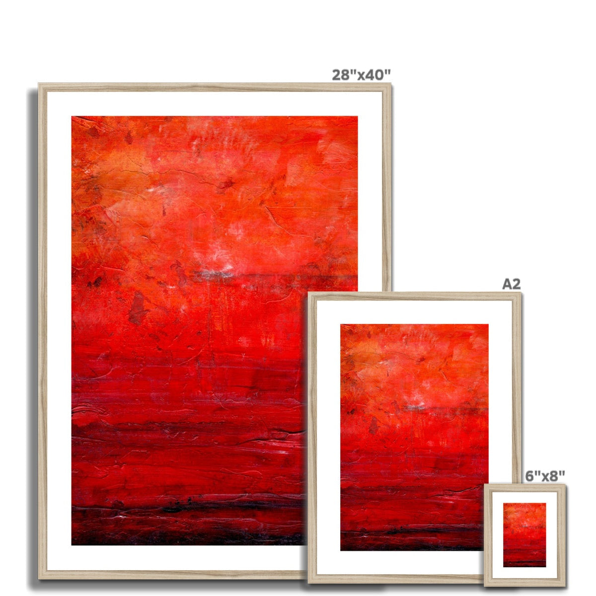 Vibrant red abstract Summer print in light wood frame with textured crimson-to-orange gradients