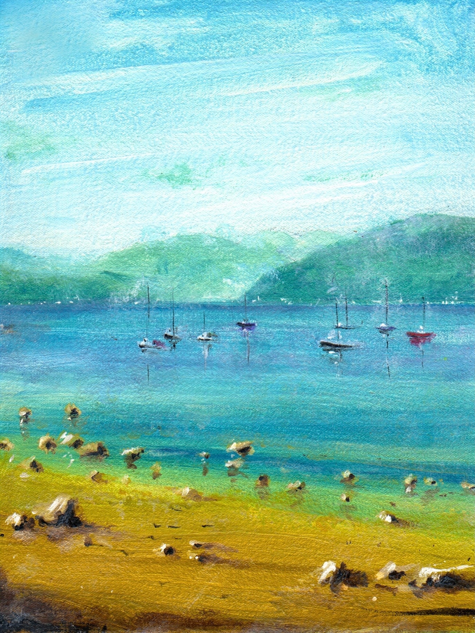 Vibrant oil painting of a coastal landscape with sailboats for Summer On The Clyde Original Painting