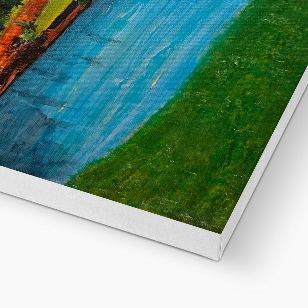 Summer in Edinburgh canvas print of river with green grass and blue water, white frame