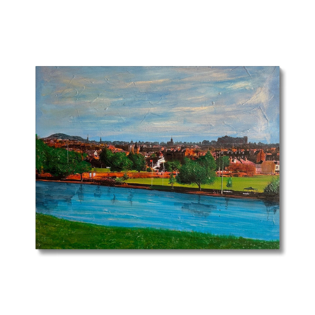 Blue river puzzle piece with green grass and trees on wood, Summer In Edinburgh print
