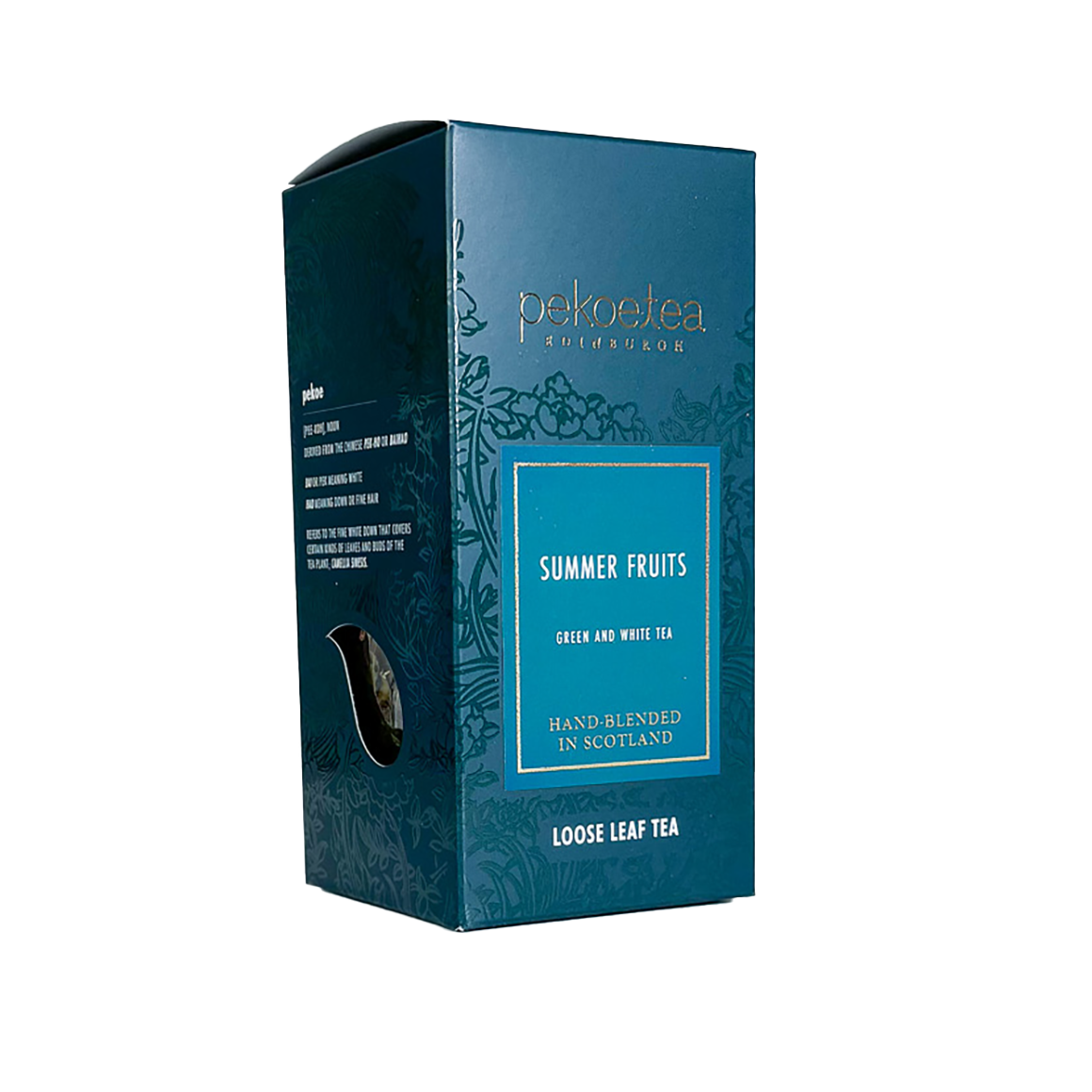 Summer Fruits green and white tea box by Pekoe Tea with teal floral design
