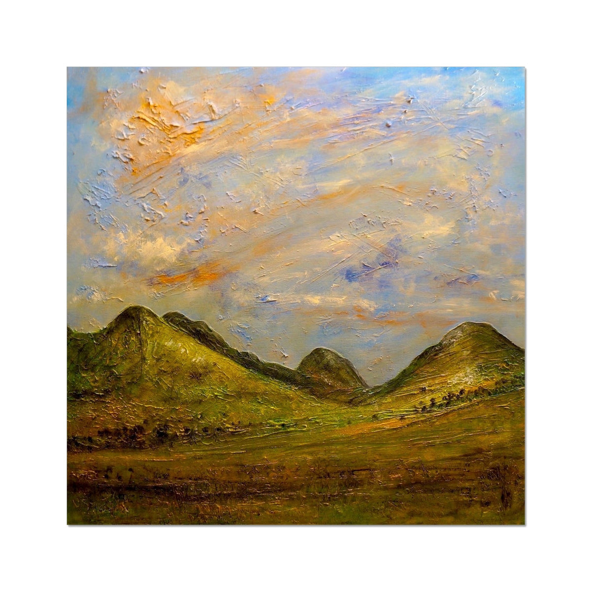 Oil painting of vibrant green Glencoe mountain landscape under textured sky for Summer In Glencoe print