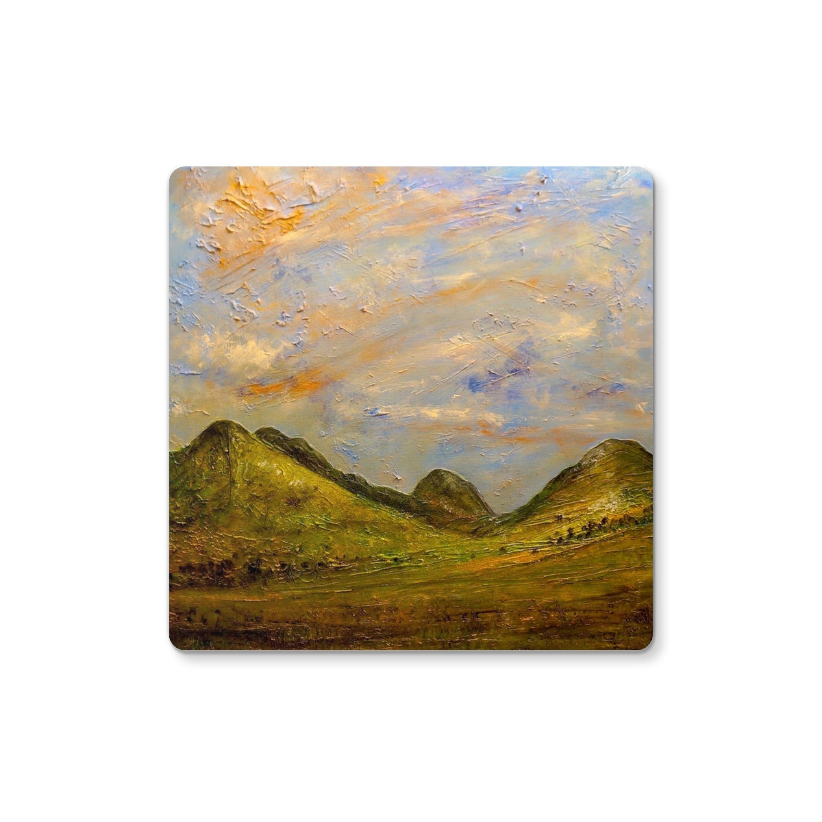 Summer in Glencoe coaster: green mountain landscape with textured surface and pastel sky