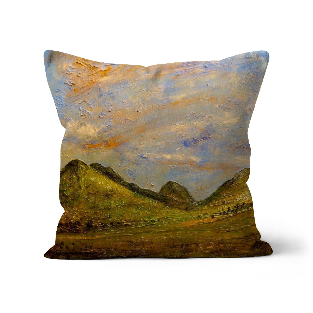 Square pillow with impressionistic landscape of green hills and vibrant sky for Summer In Glencoe Cushion