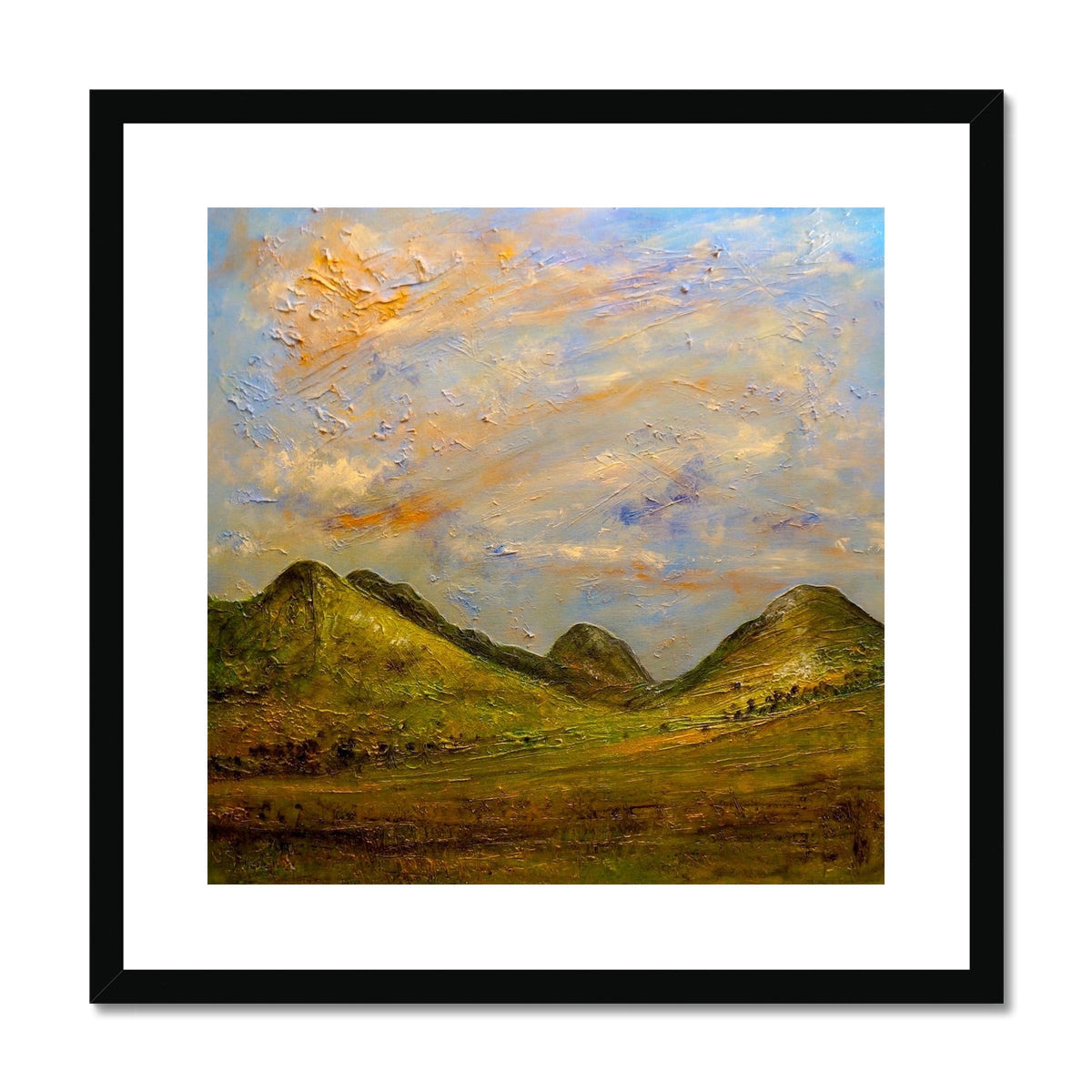 Framed oil painting of a hilly Glencoe landscape with textured sky for Summer In Glencoe print
