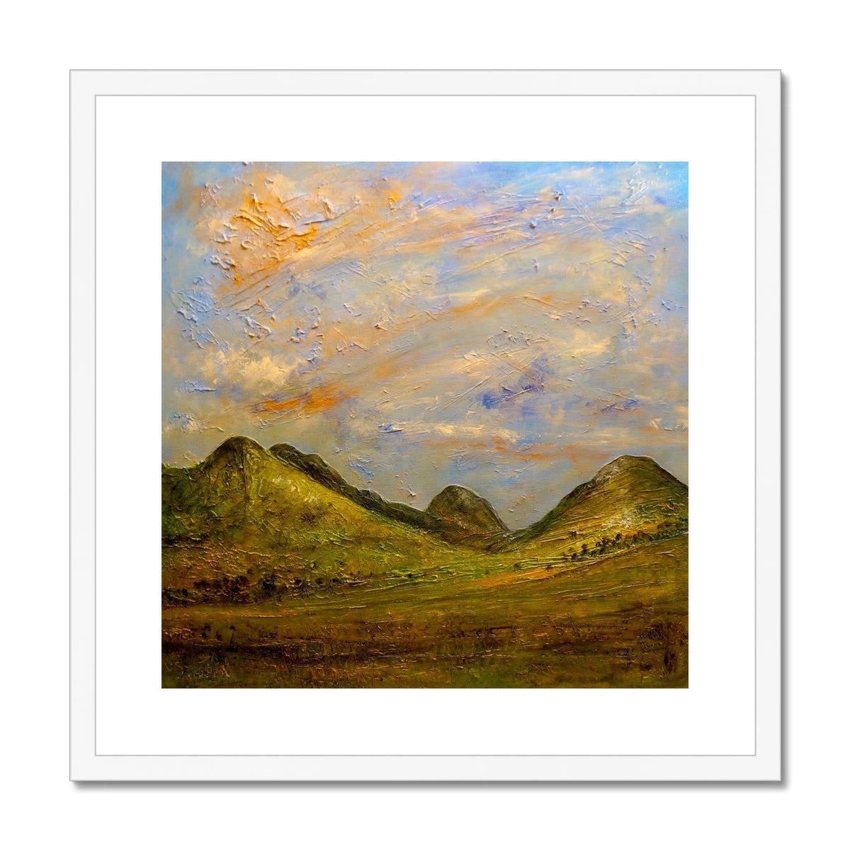 Framed landscape oil painting of rolling green hills under textured sky in Summer In Glencoe print