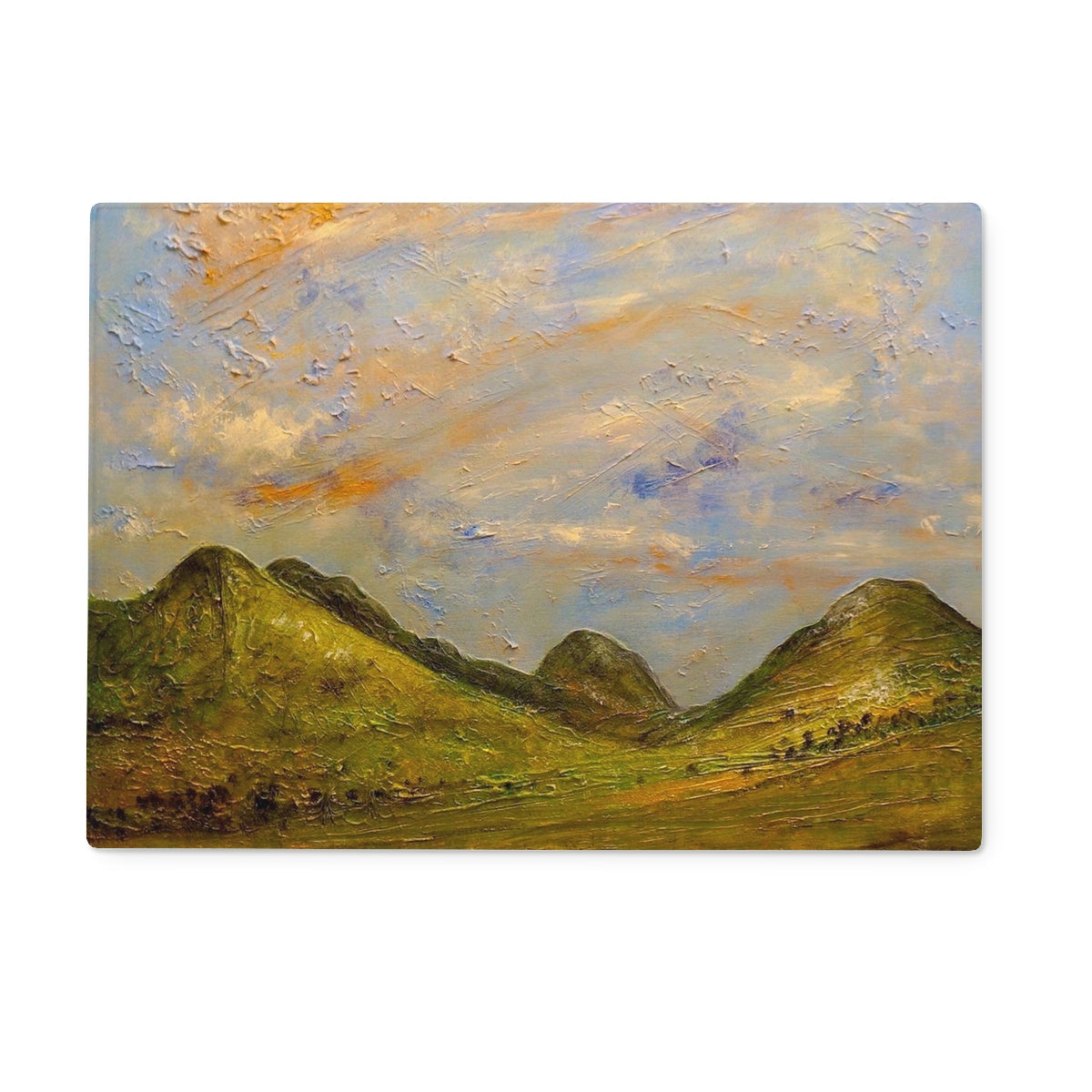 Impressionistic oil painting of rolling green hills under a textured sky on Summer In Glencoe Glass Chopping Board