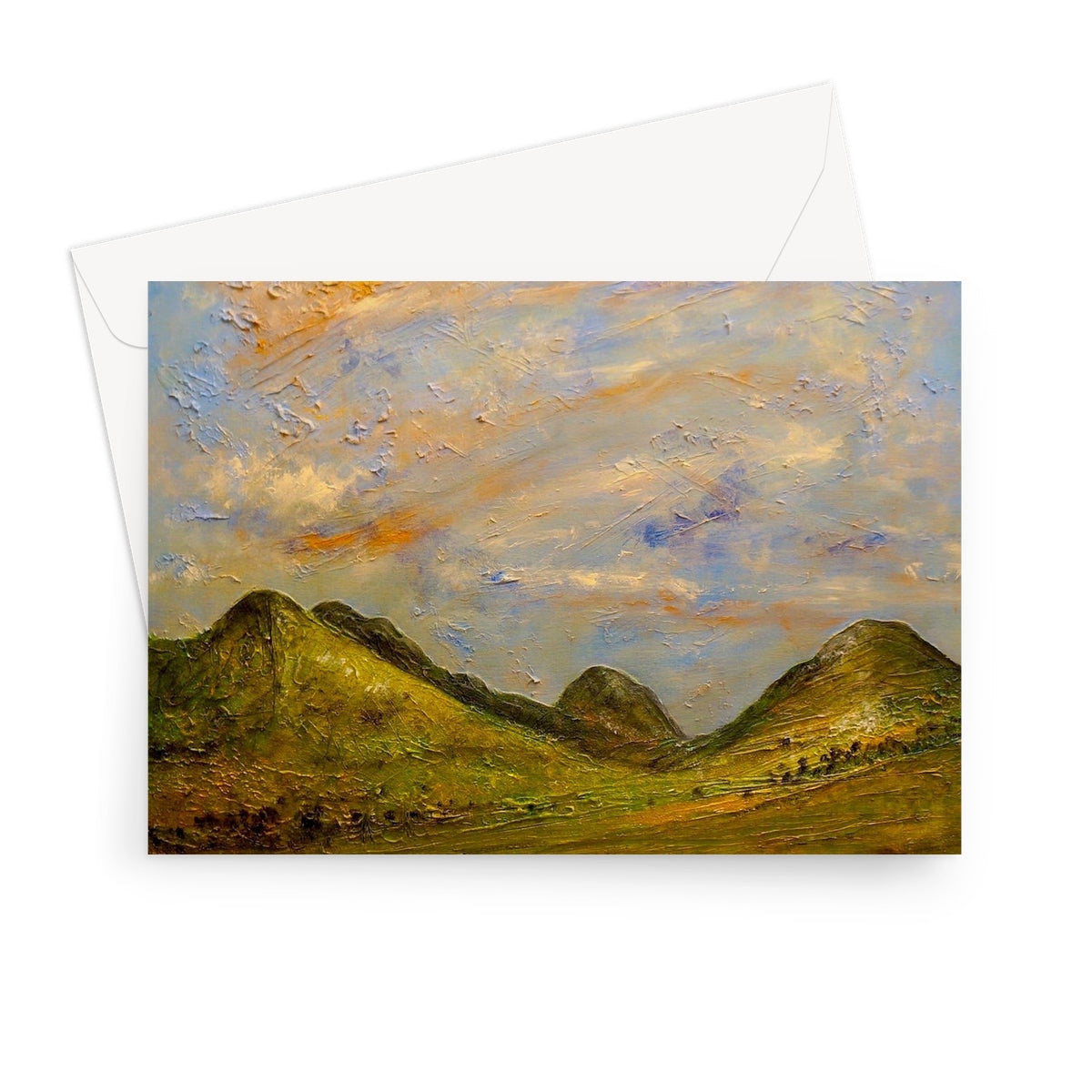 3D Summer In Glencoe mountain landscape greeting card with textured green brown hues