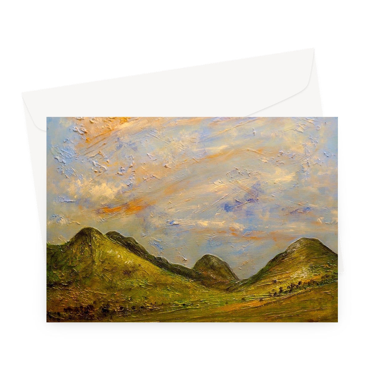 Summer in Glencoe greeting card with white envelope and mountain landscape
