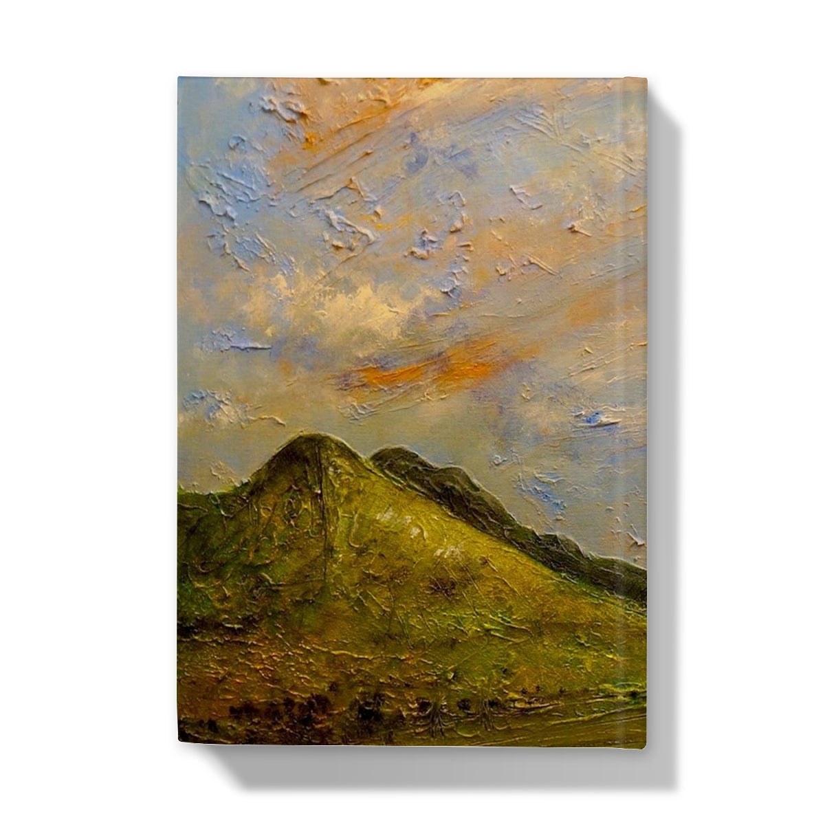 Textured oil painting of rolling green hills under a dramatic sky on Summer In Glencoe Journal