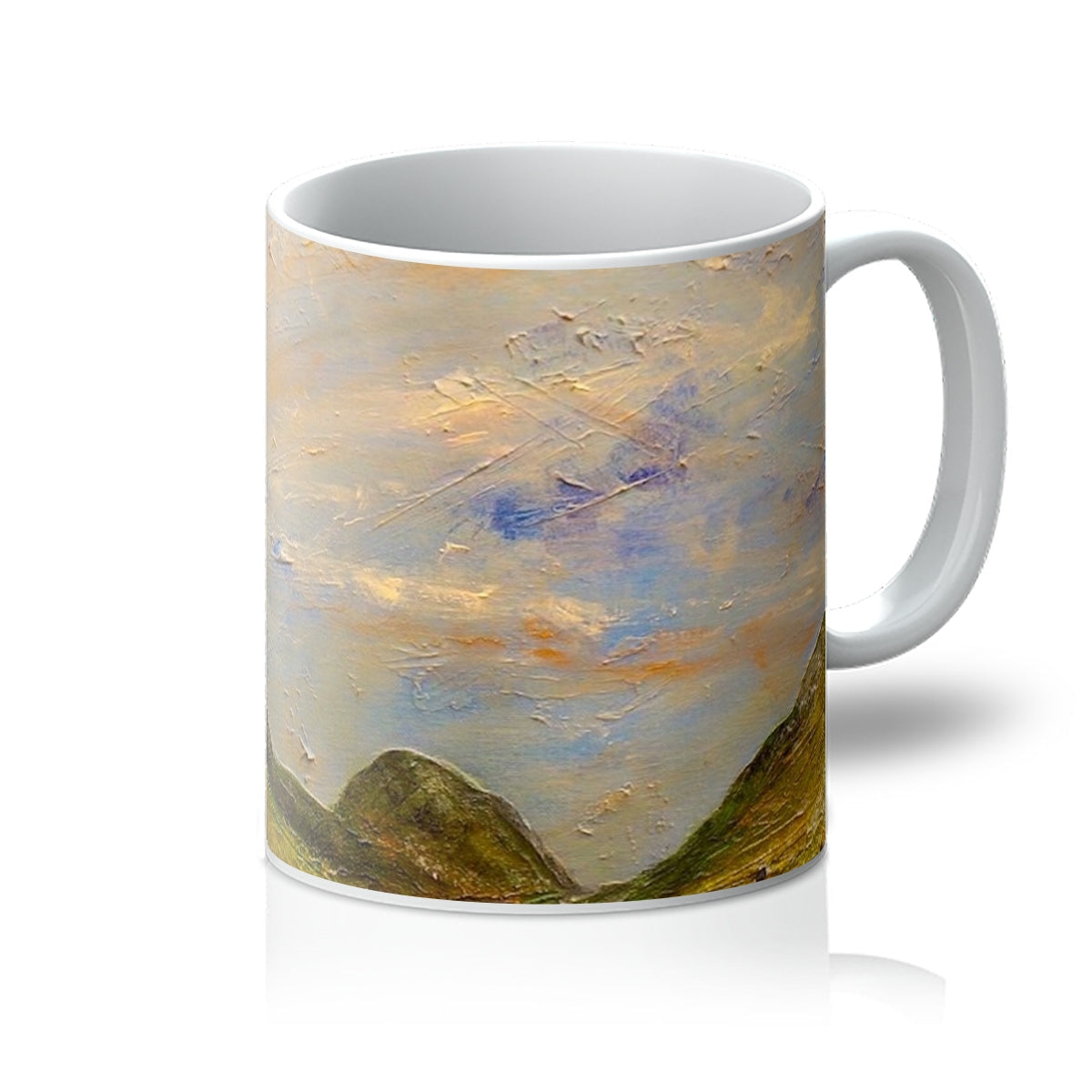 White ceramic mug featuring an impressionistic landscape painting from Summer In Glencoe collection