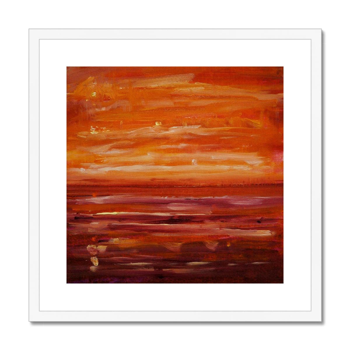 Orange and brown abstract Summer Horizon art print in white frame