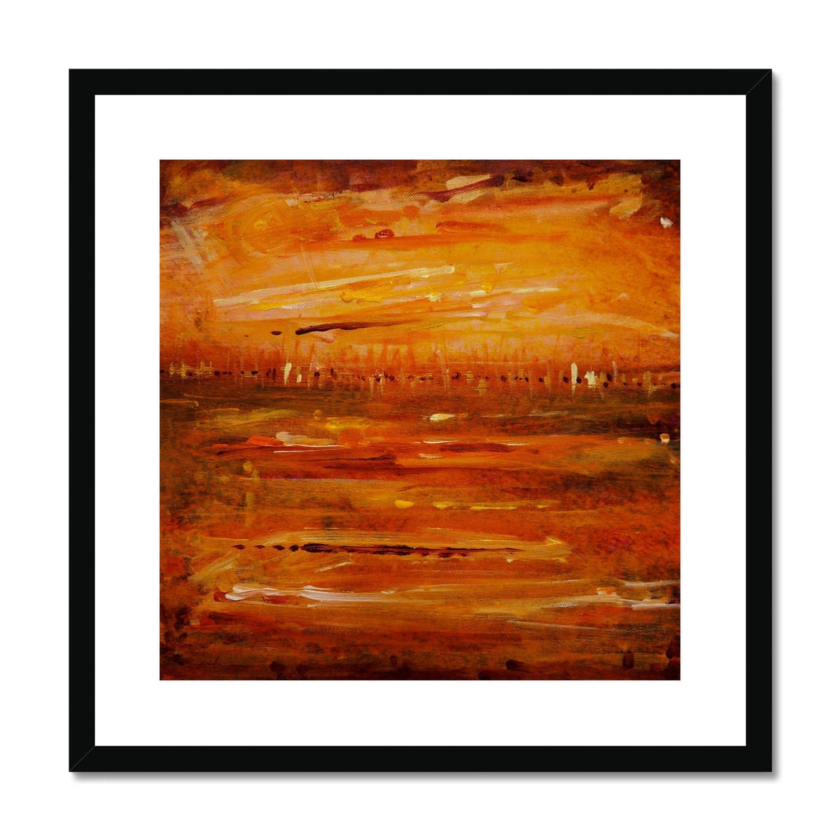 Black framed Summer Horizon II abstract art print with orange yellow brushstrokes