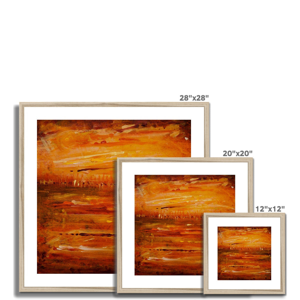 28x28 Summer Horizon II abstract art print in orange-brown hues, silver frame
