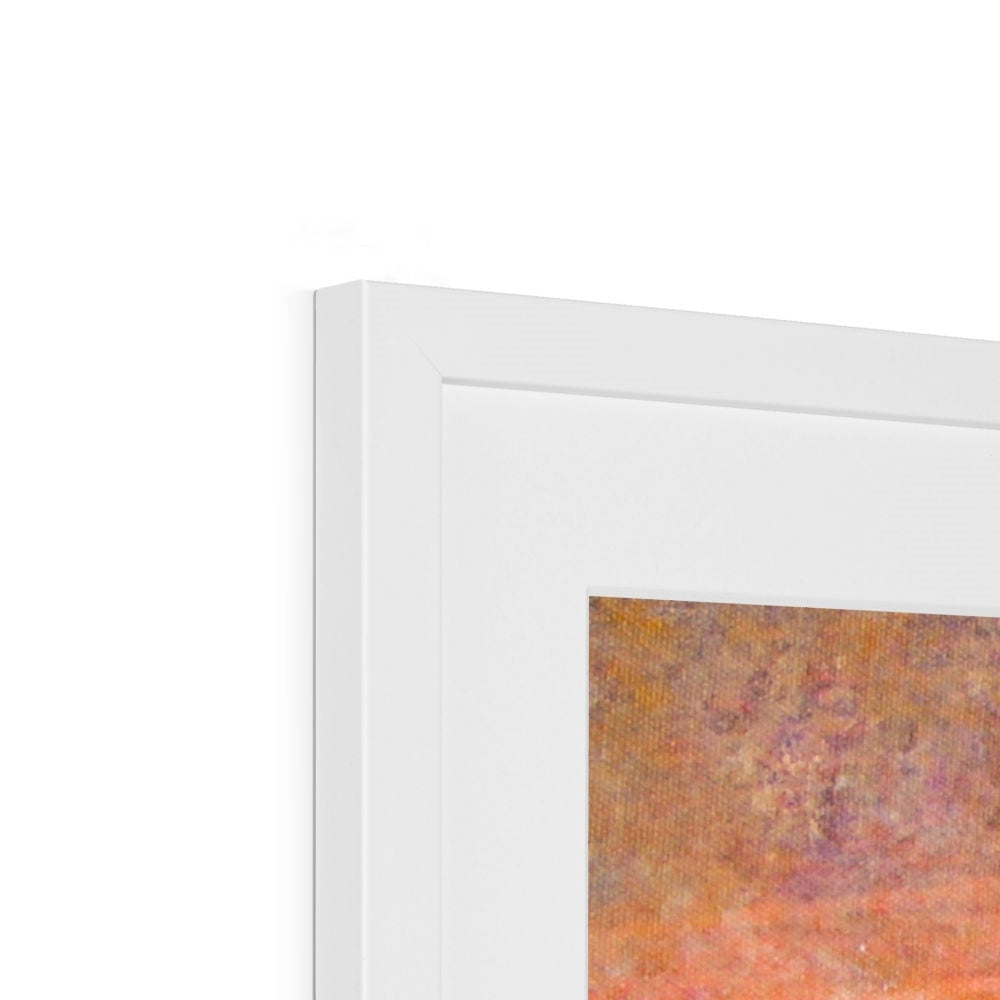 White framed Sunrise Mist Horizon abstract art print with orange, pink, purple brushstrokes
